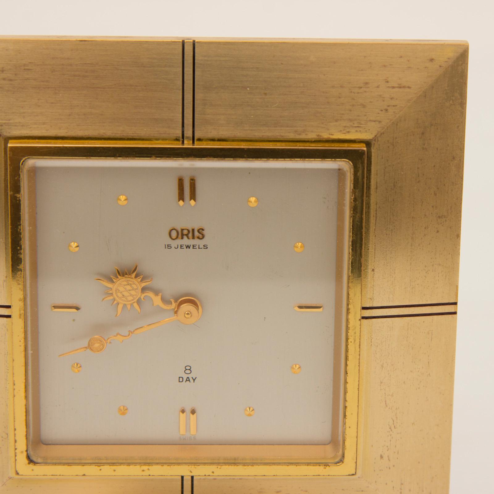 Mid-Century Modernist Gilt Bronze and Enamel 8 Day Clock by Oris In Good Condition In London, GB