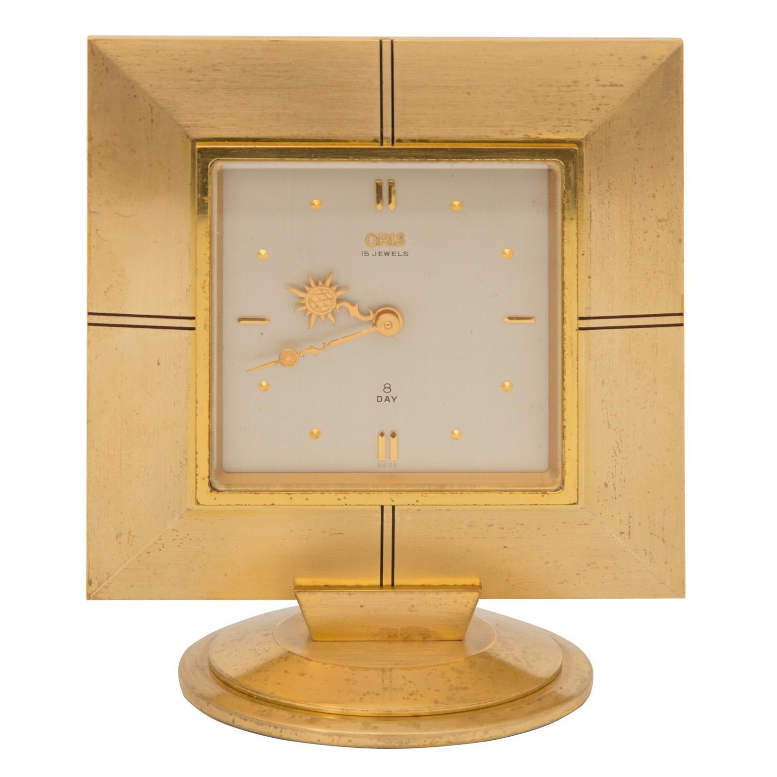 Mid-Century Modernist Gilt Bronze and Enamel 8 Day Clock by Oris