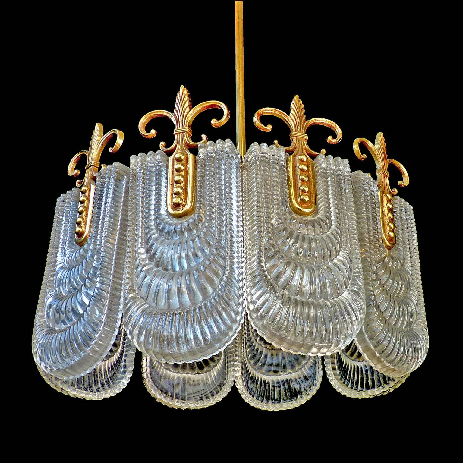 German Mid-Century Modernist Gilt Bronze and Murano Glass Chandelier by Kaiser Leuchten For Sale