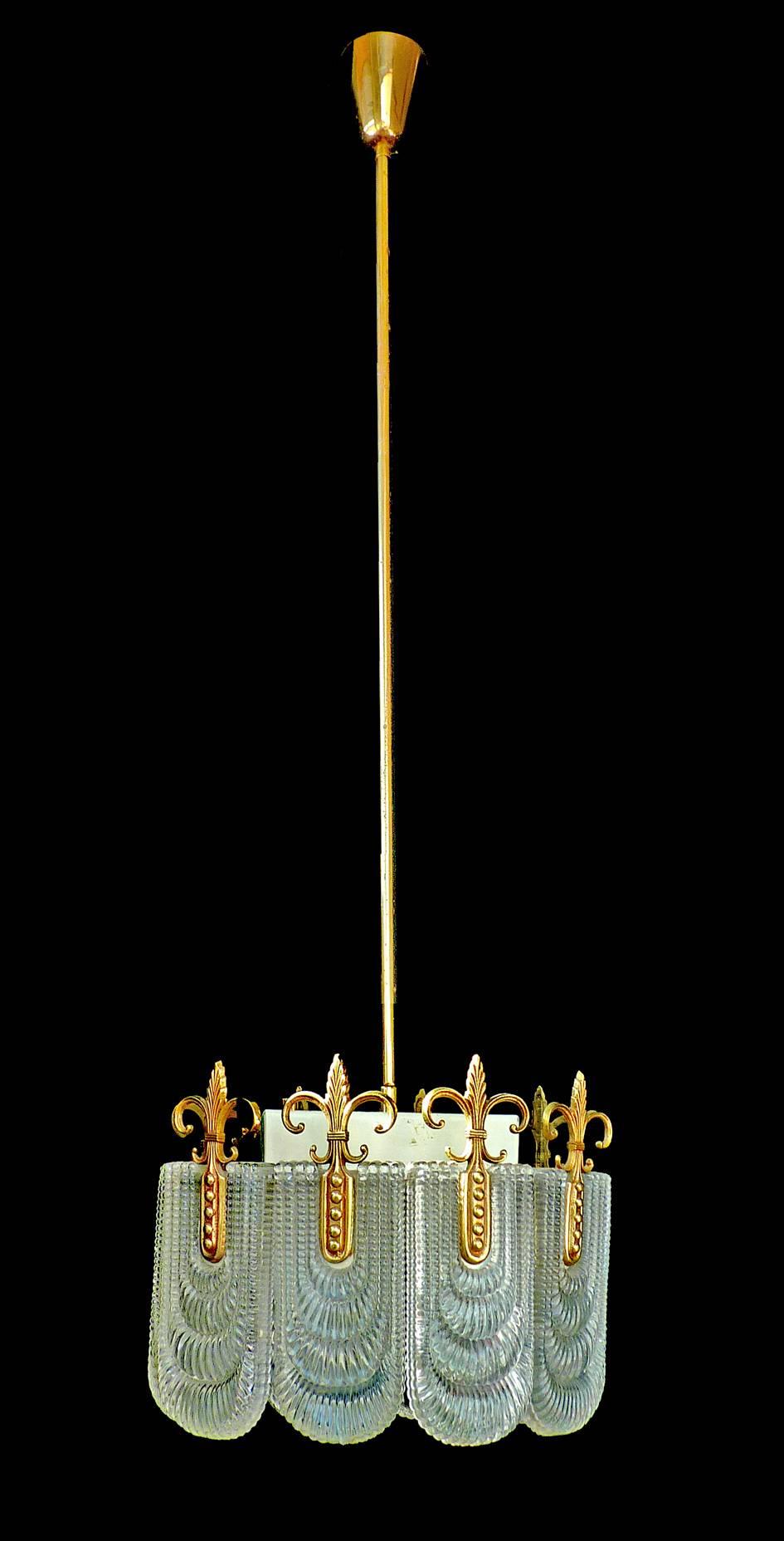 Mid-Century Modernist Gilt Bronze and Murano Glass Chandelier by Kaiser Leuchten For Sale 1