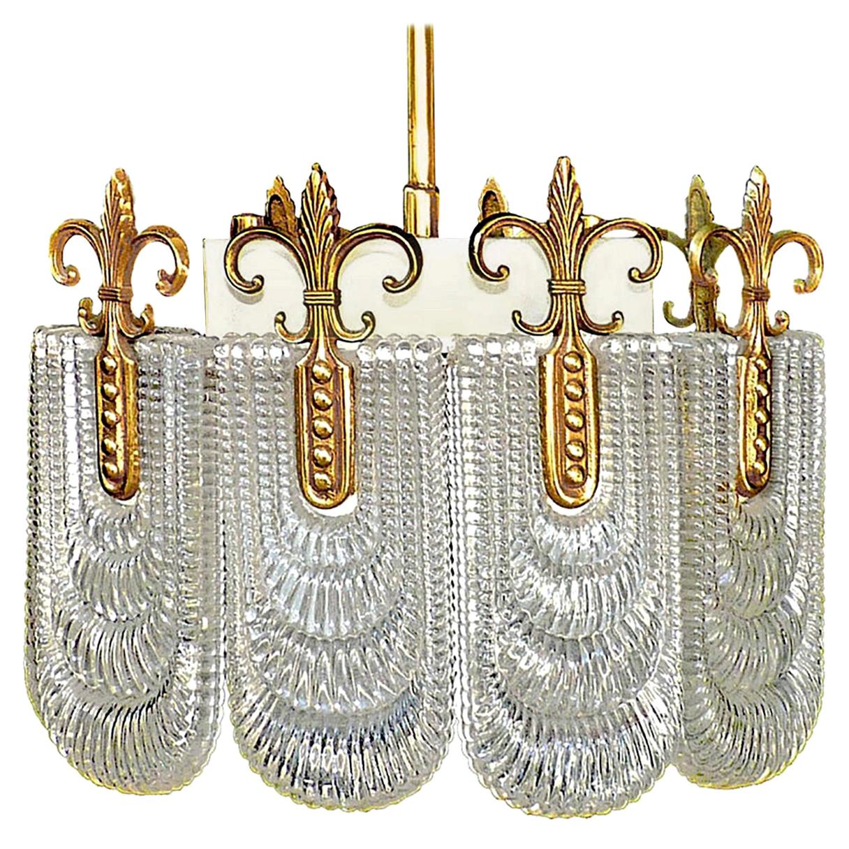 Modernistischer Kronleuchter aus vergoldeter Bronze und Muranoglas von Kaiser Leuchten aus der Mitte des Jahrhunderts im Angebot