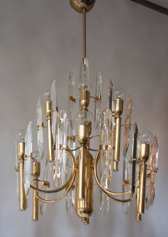 Mid-Century Modernist Crystal Glass and Brass Sciolari Chandelier