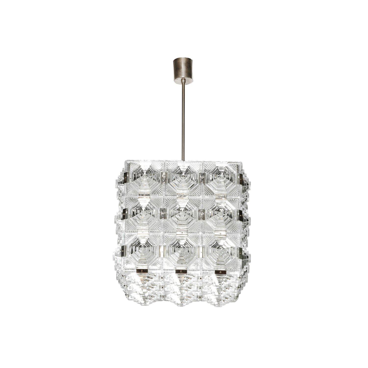 Mid-Century moderno Lampadario a sospensione in vetro e cromo di Kinkeldey, modernista di metà secolo in vendita