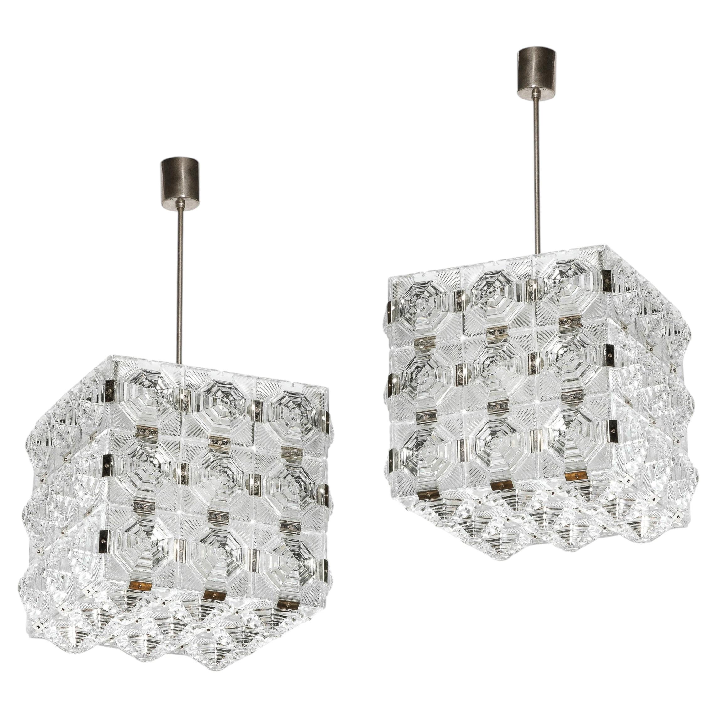 Mid-Century Modernist Glass & Chrome Fitted Pendant Chandeliers by Kinkeldey