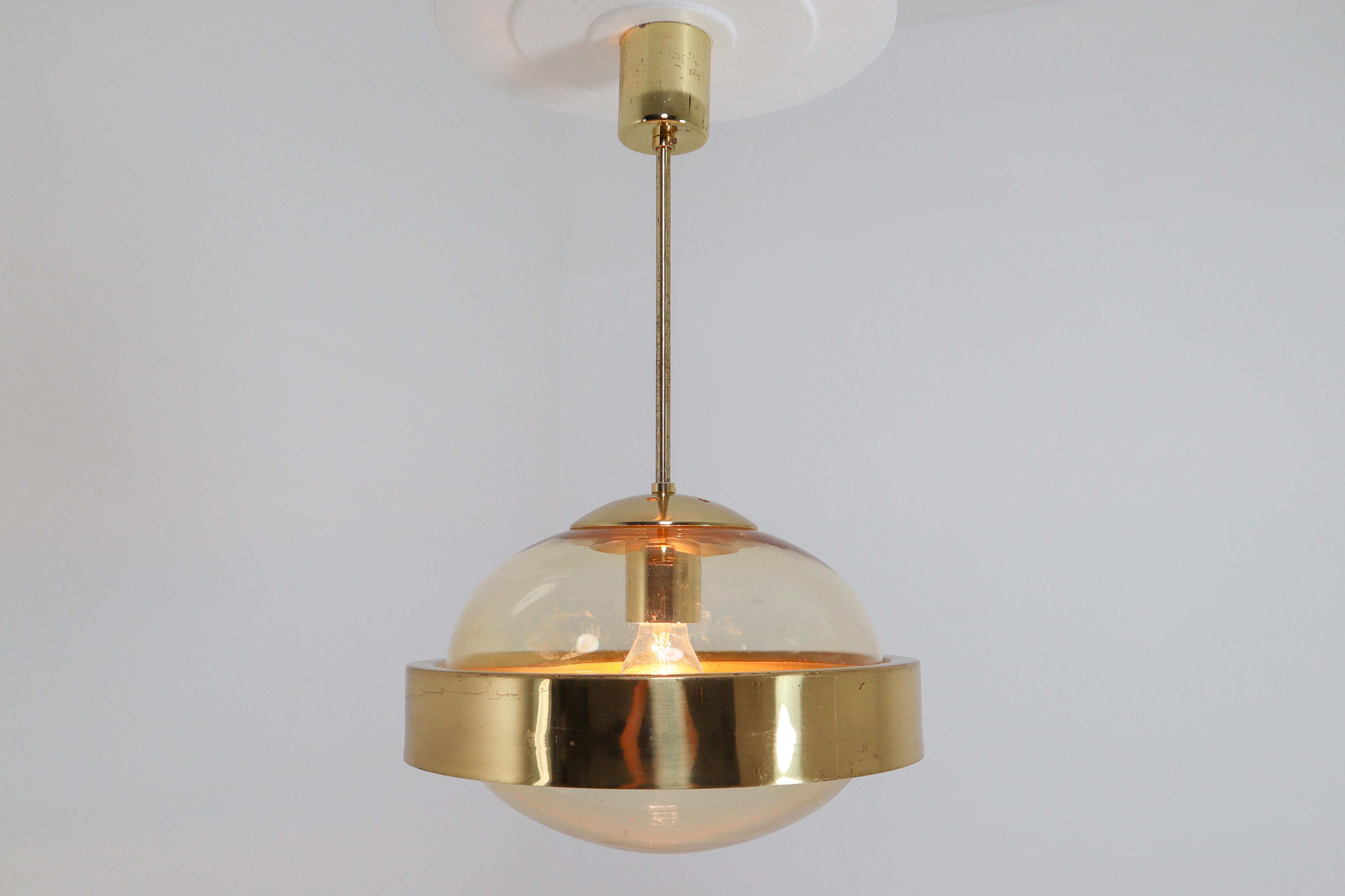 Austrian Mid-Century Modernist Hand-Blowed Glass and Brass Pendant, 1960s For Sale