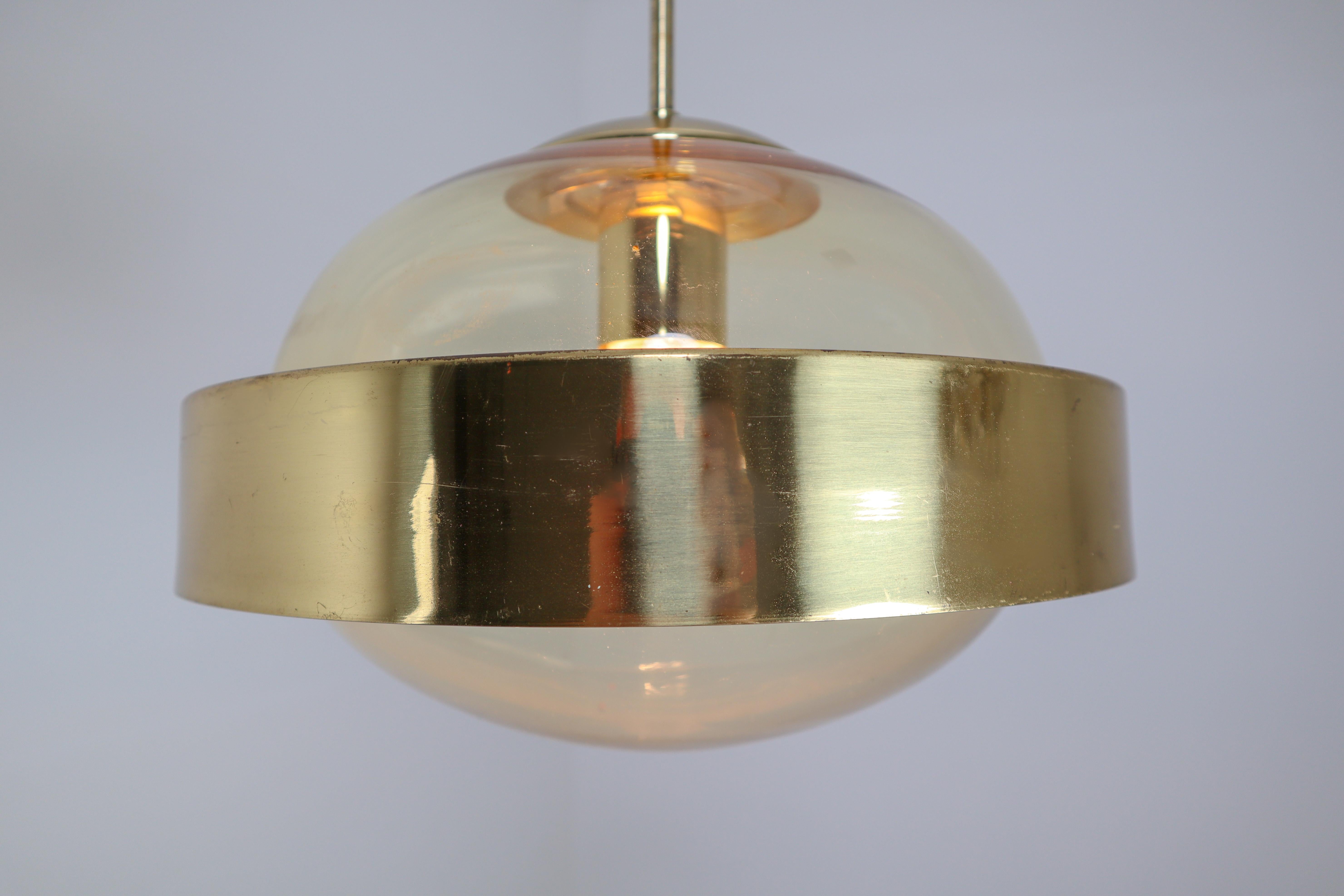 20th Century Mid-Century Modernist Hand-Blowed Glass and Brass Pendant, 1960s For Sale