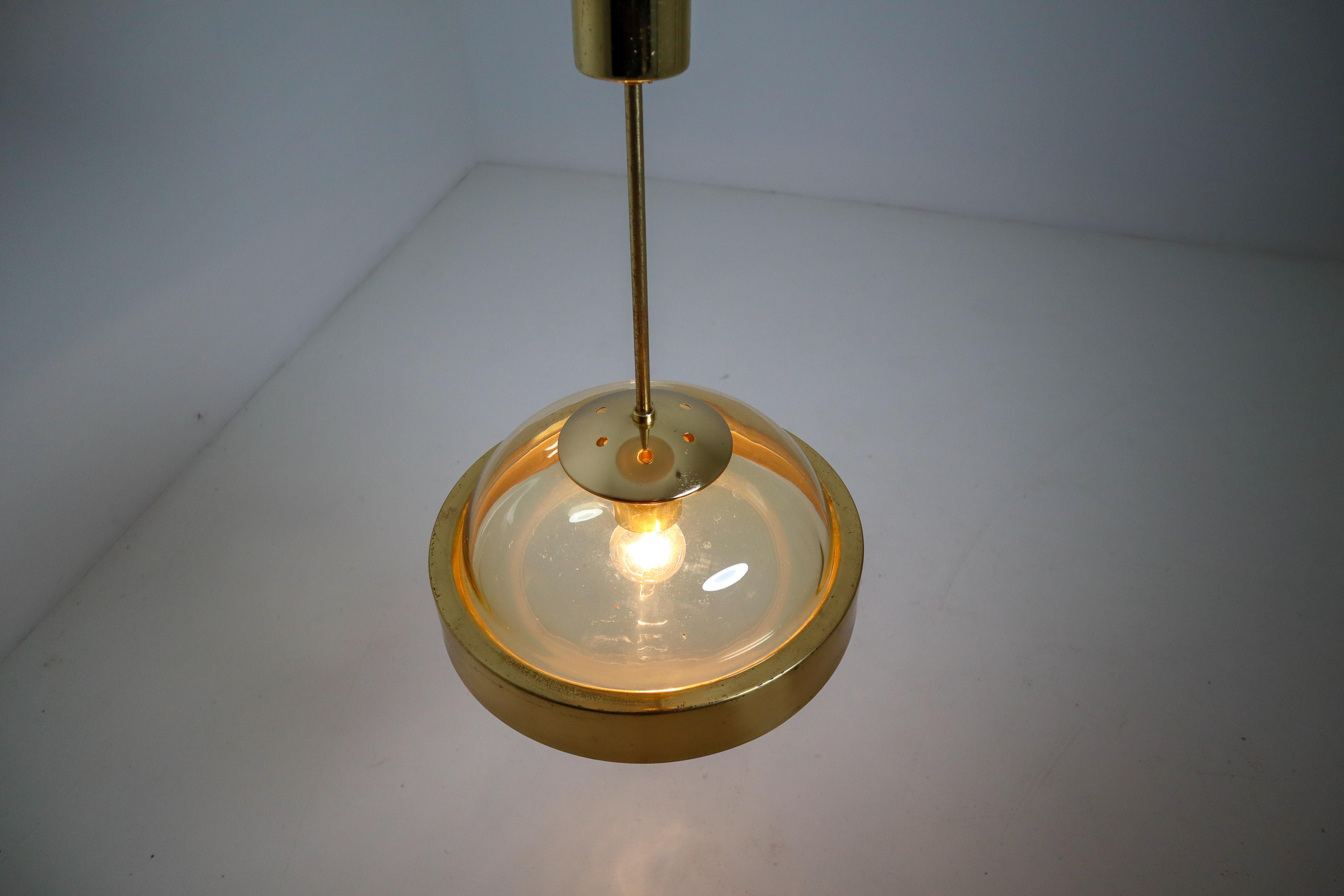 Mid-Century Modernist Hand-Blowed Glass and Brass Pendant, 1960s For Sale 3