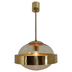 Mid-Century Modernist Hand-Blowed Glass and Brass Pendant, 1960s