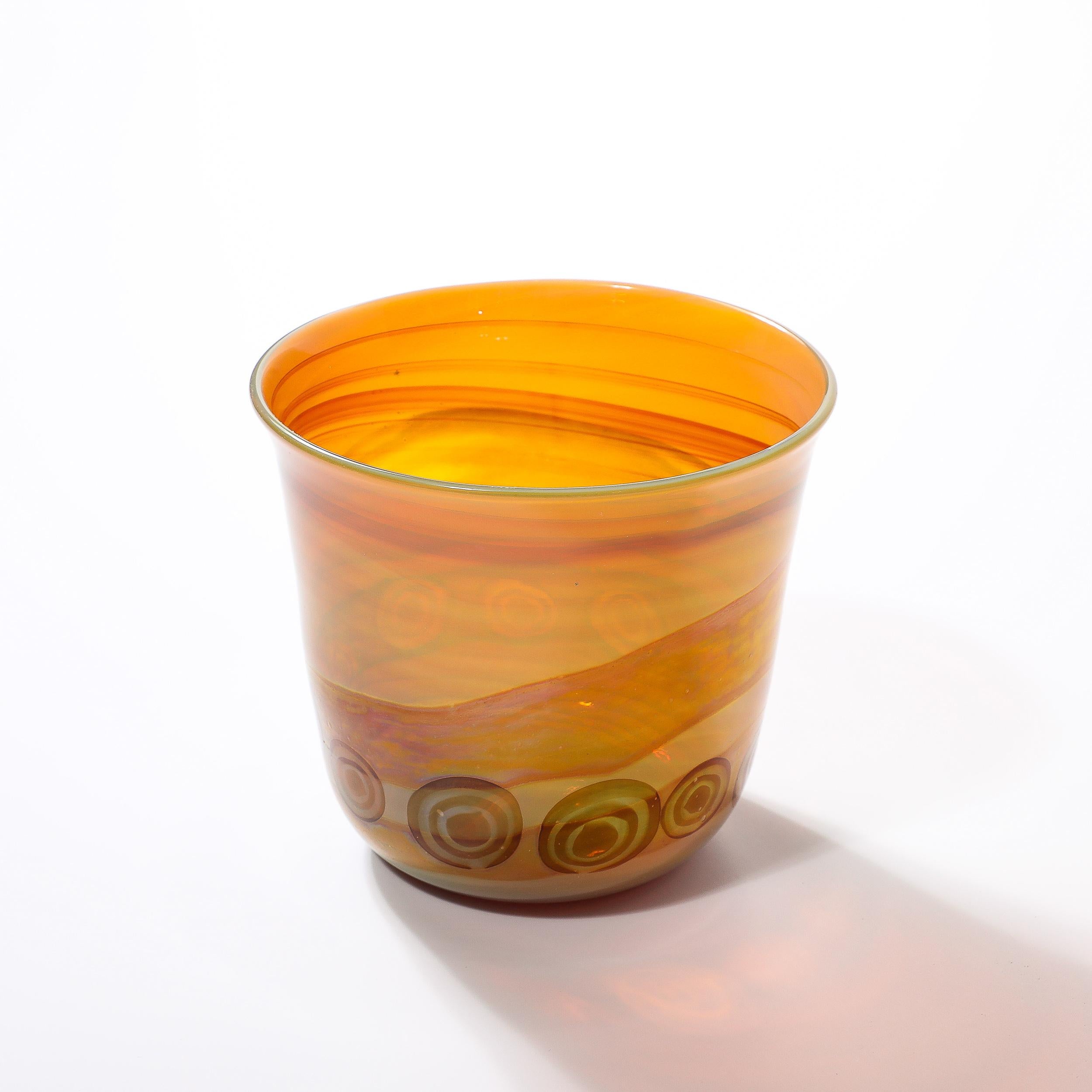 20th Century Mid-Century Modernist Hand-Blown Banded Citrine w/ Amber Ring Murano Glass Vase For Sale