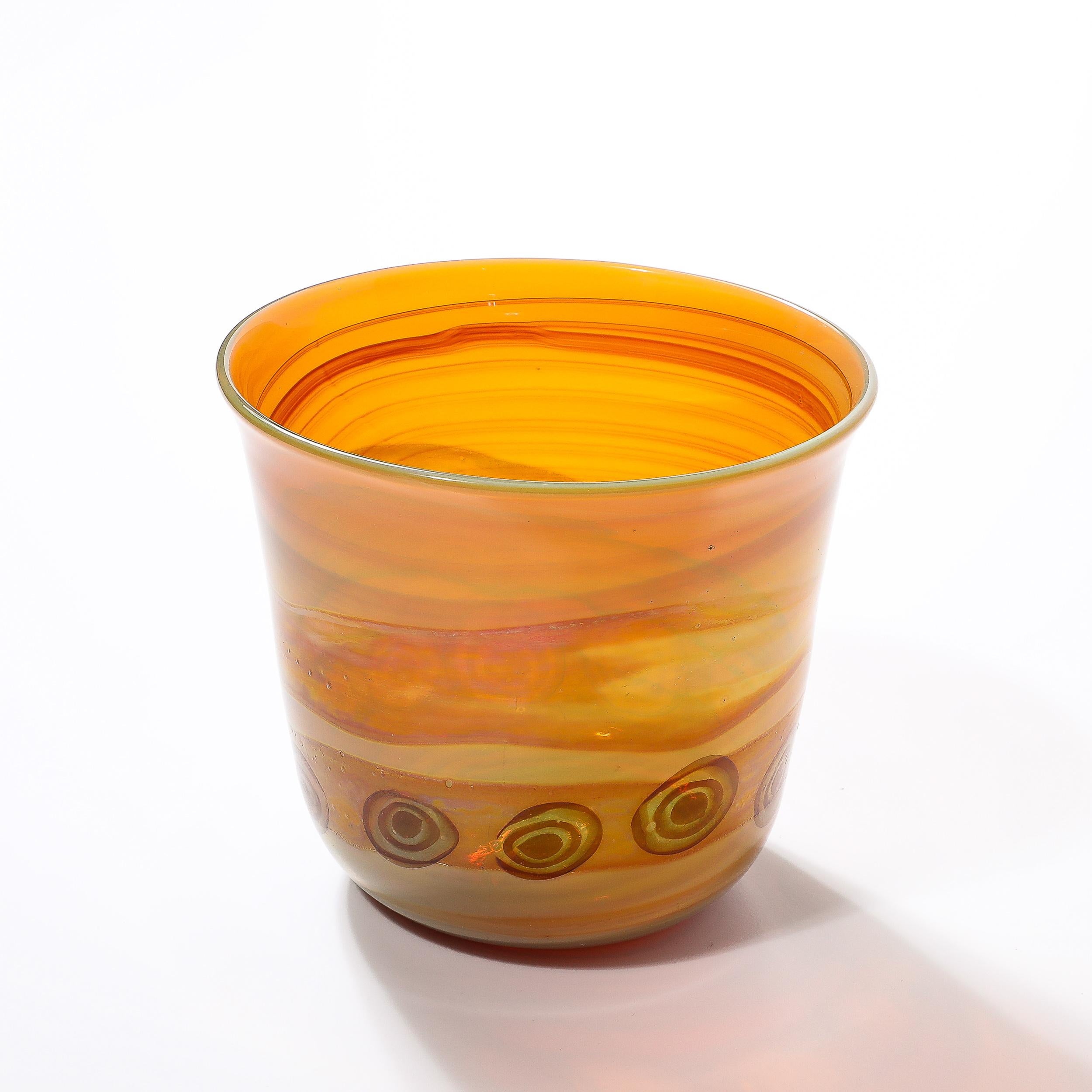 Mid-Century Modernist Hand-Blown Banded Citrine w/ Amber Ring Murano Glass Vase For Sale 2