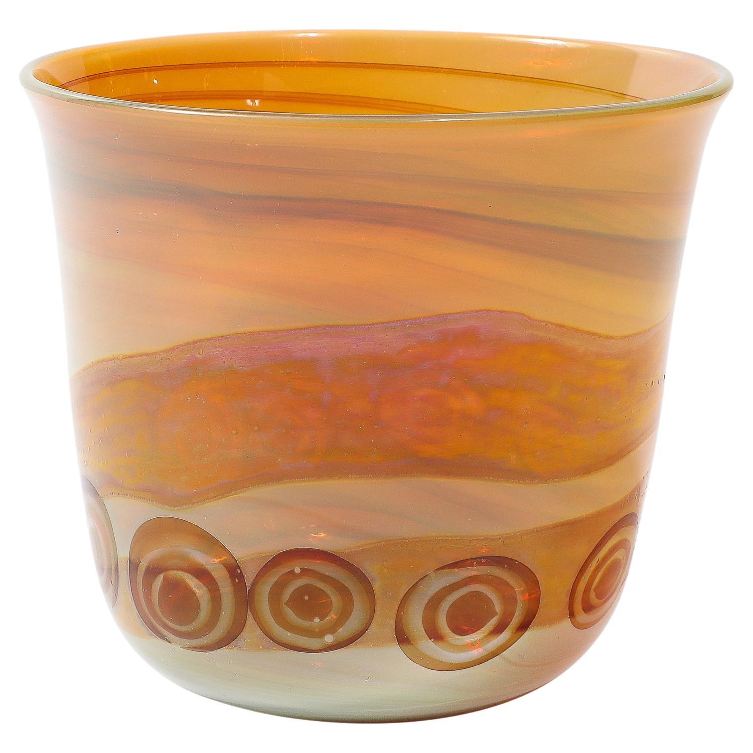 Mid-Century Modernist Hand-Blown Banded Citrine w/ Amber Ring Murano Glass Vase