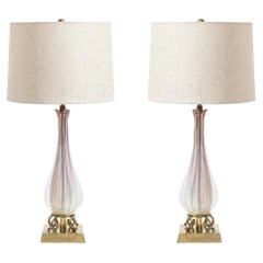 Mid-Century Modernist Hand-Blown Fluted & Opalescent Murano Glass Table Lamps