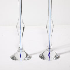 Mid-Century Modernist Hand-Blown Murano Clear & Cobalt Glass Candle Holders