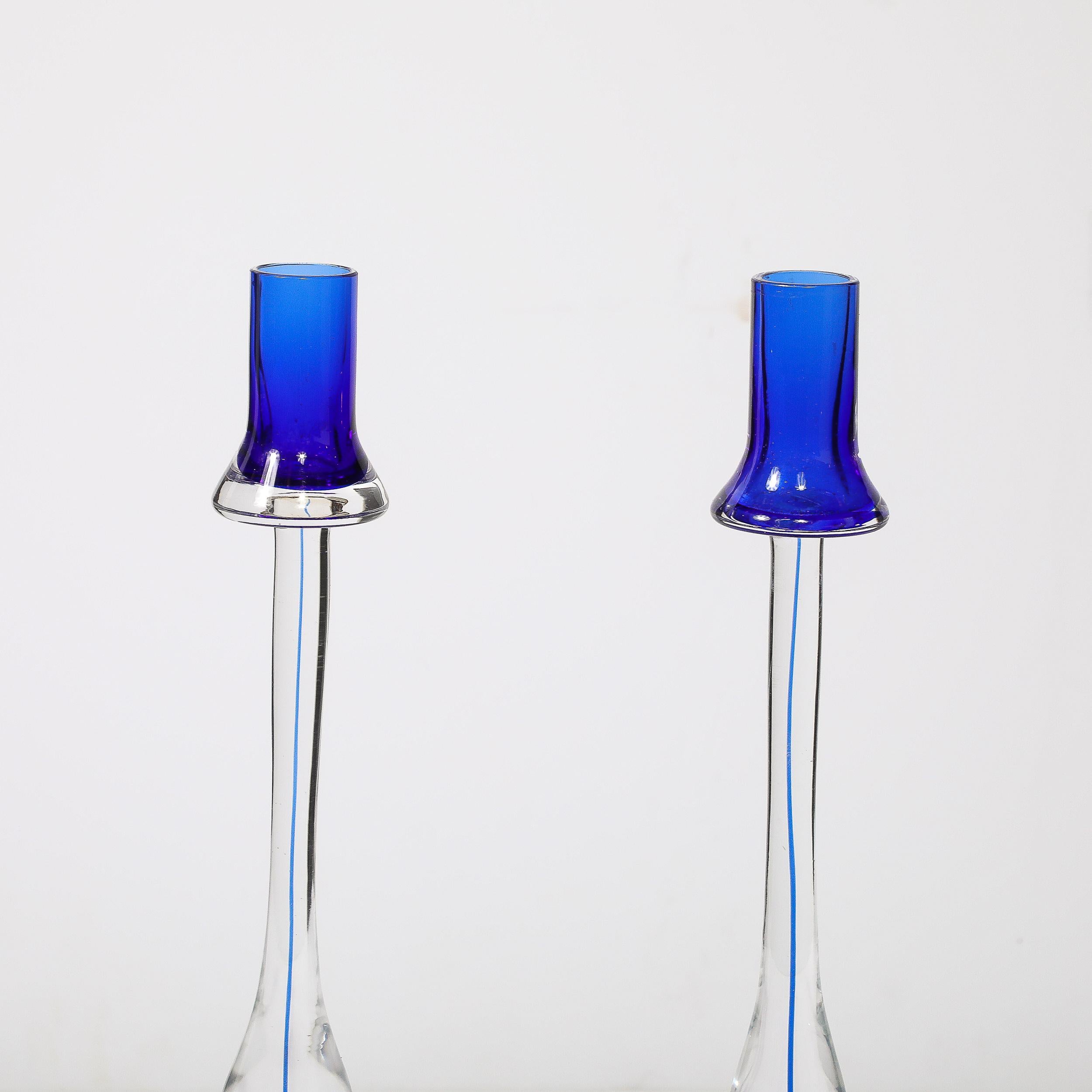 Mid-Century Modern Porte-bougies modernistes du milieu du siècle dernier en verre de Murano transparent et cobalt soufflé à la main