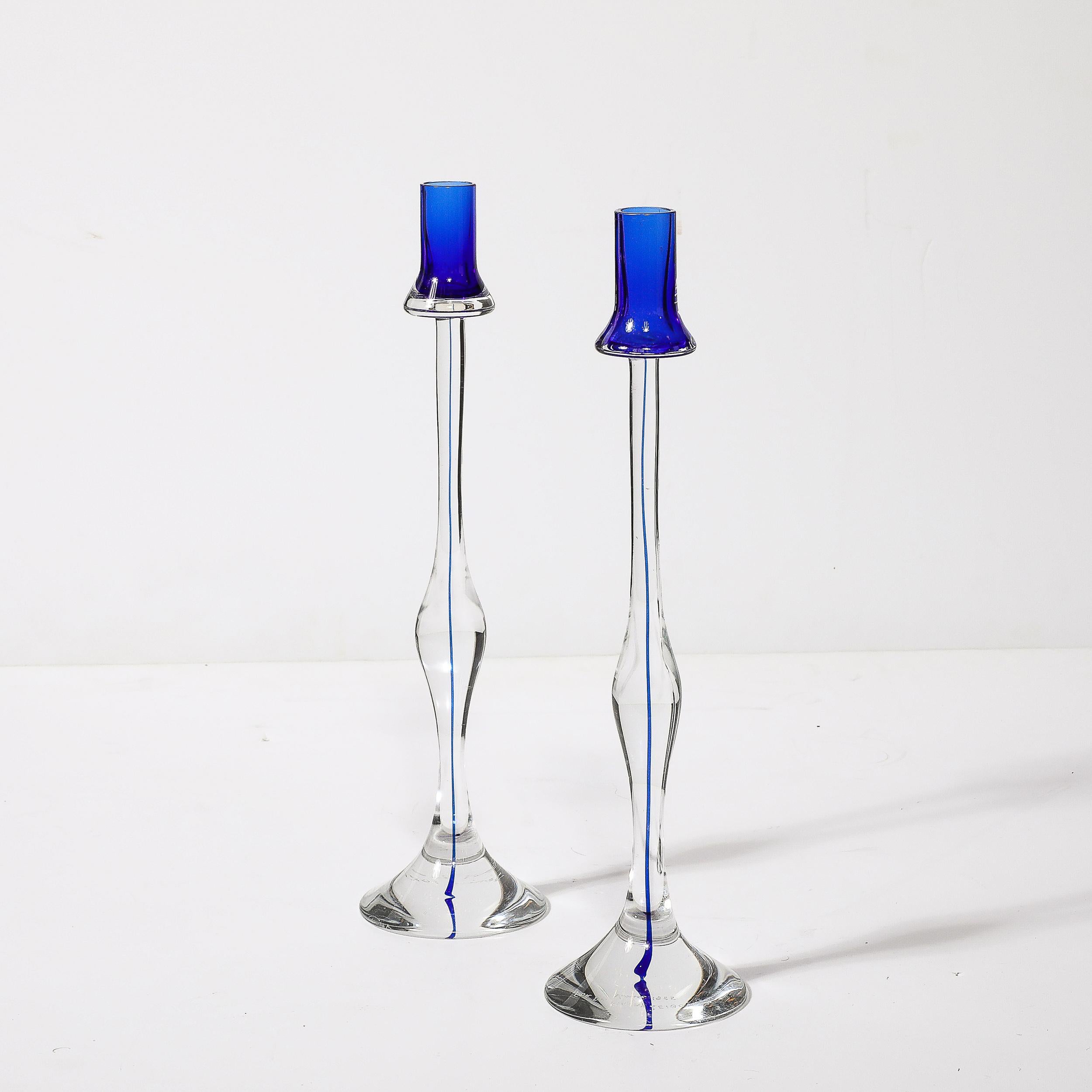 italien Porte-bougies modernistes du milieu du siècle dernier en verre de Murano transparent et cobalt soufflé à la main