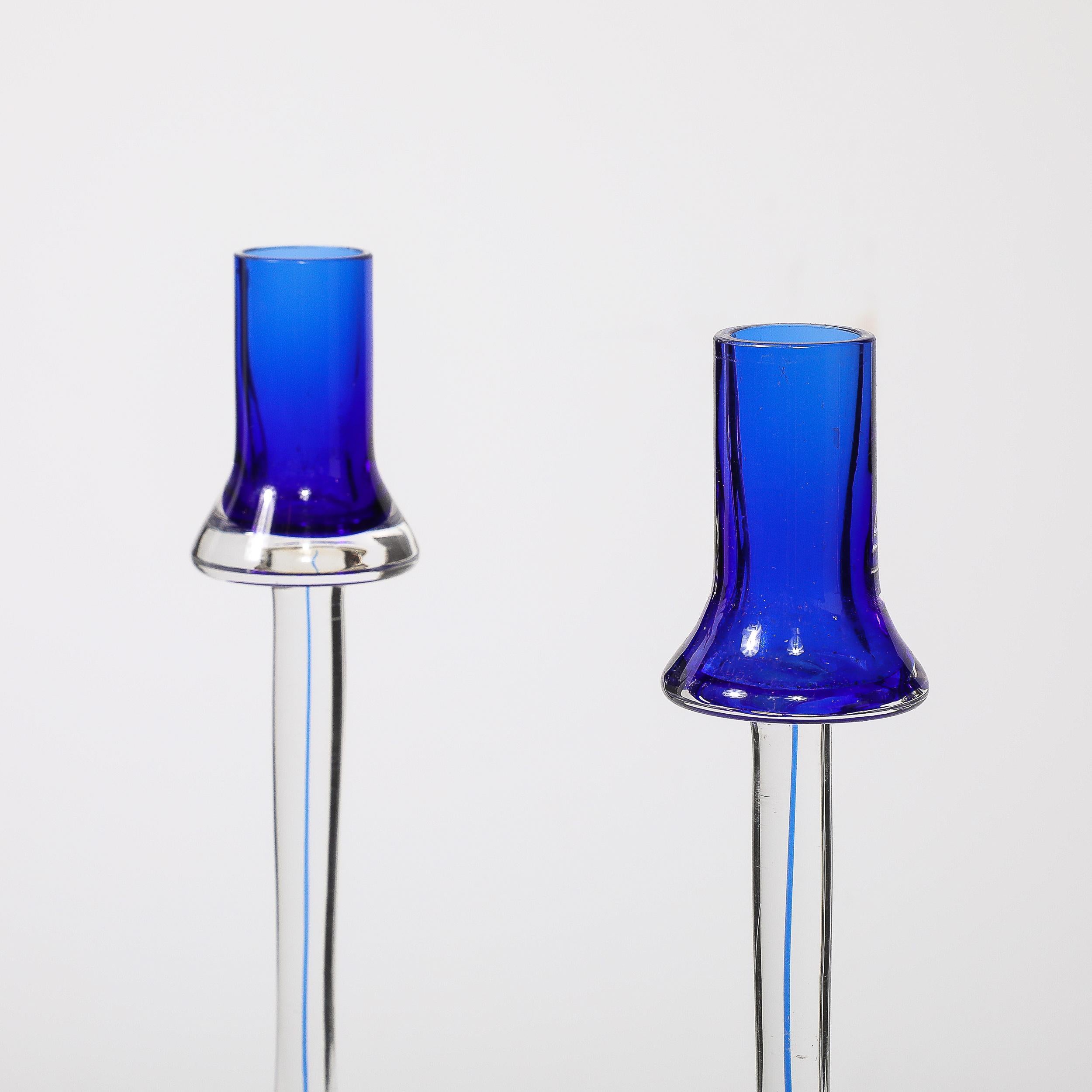 Fin du 20e siècle Porte-bougies modernistes du milieu du siècle dernier en verre de Murano transparent et cobalt soufflé à la main
