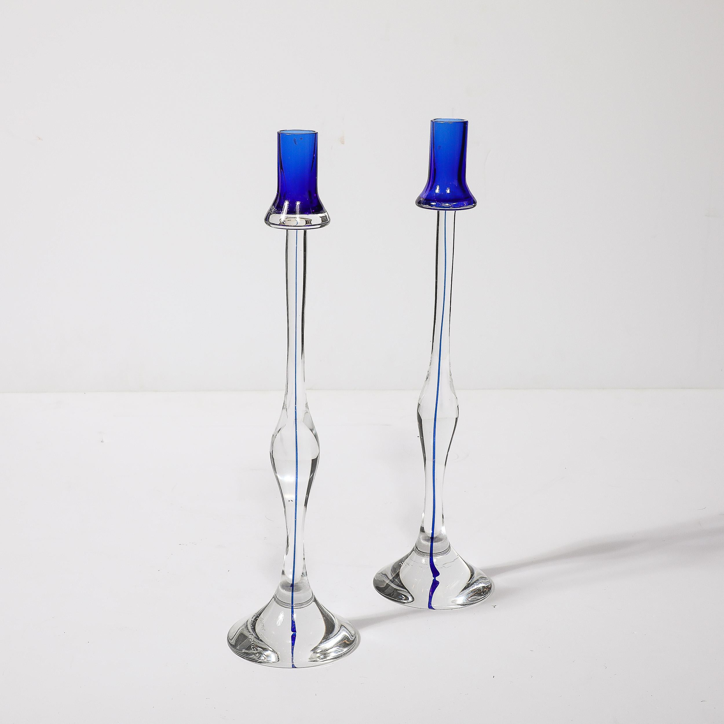 Porte-bougies modernistes du milieu du siècle dernier en verre de Murano transparent et cobalt soufflé à la main 1