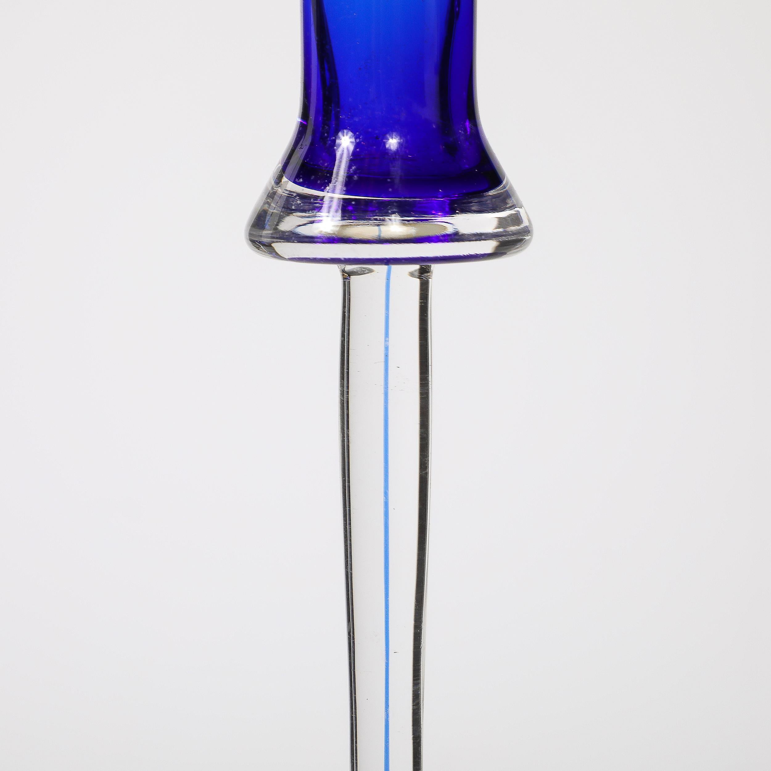 Porte-bougies modernistes du milieu du siècle dernier en verre de Murano transparent et cobalt soufflé à la main 2