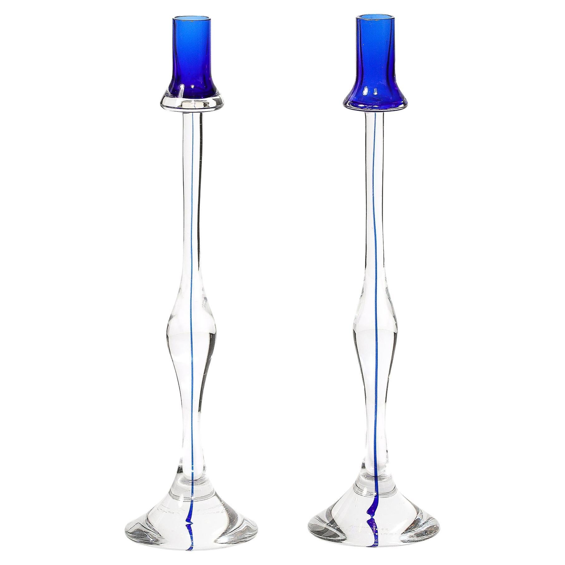 Porte-bougies modernistes du milieu du siècle dernier en verre de Murano transparent et cobalt soufflé à la main