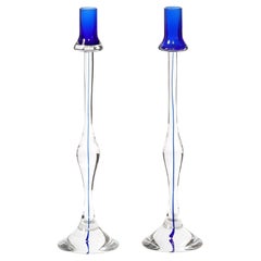 Mid-Century Modernist Hand-Blown Murano Clear & Cobalt Glass Candle Holders