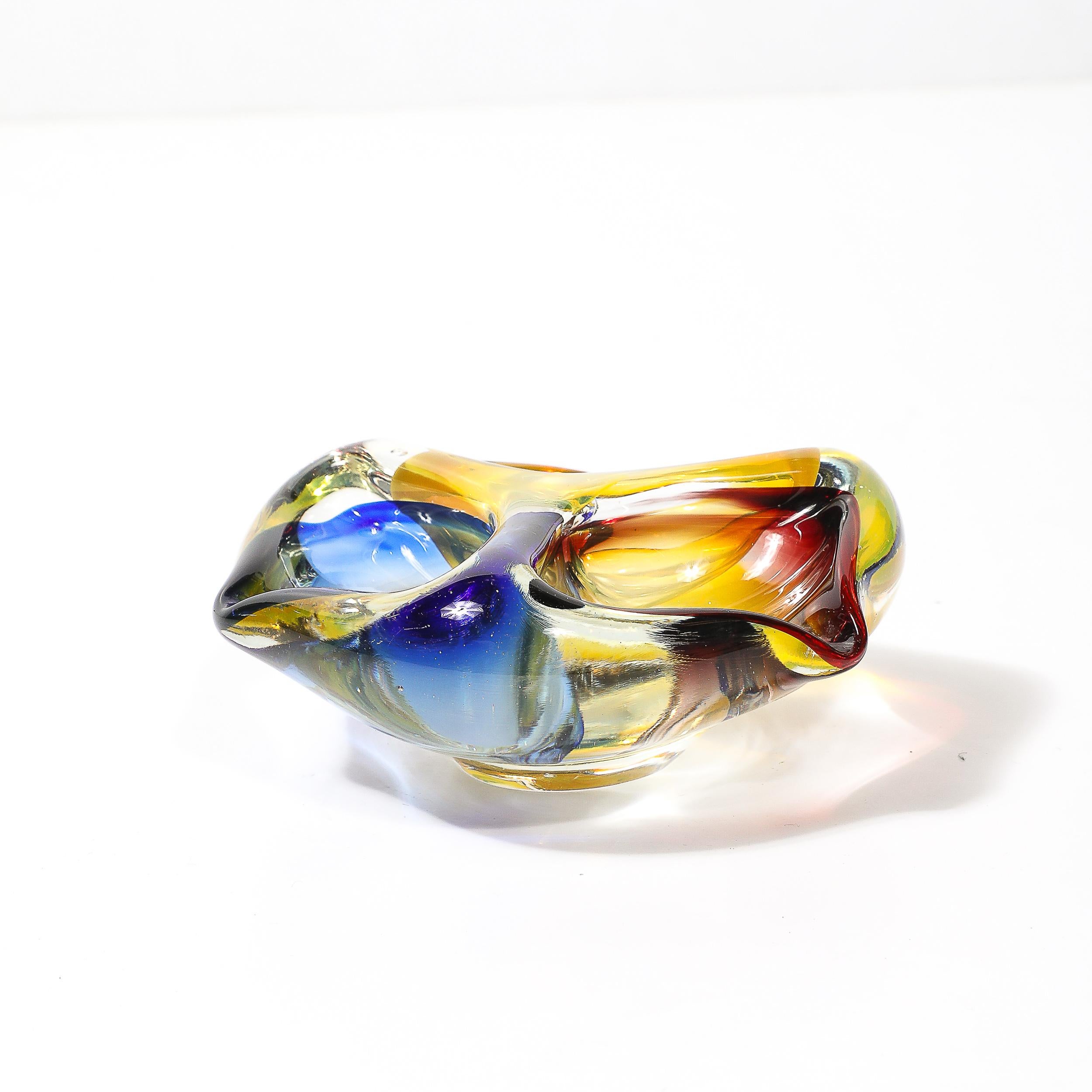 Mid-Century Modernist Hand-Blown Murano Dish/Ashtray in Blue, Yellow & Crimpson For Sale 4