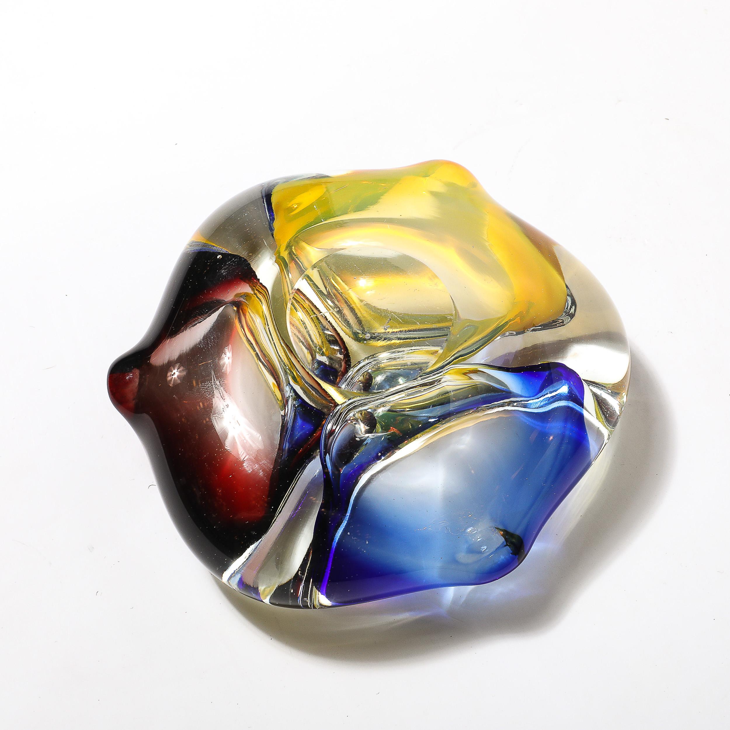 Mid-Century Modernist Hand-Blown Murano Dish/Ashtray in Blue, Yellow & Crimpson For Sale 5