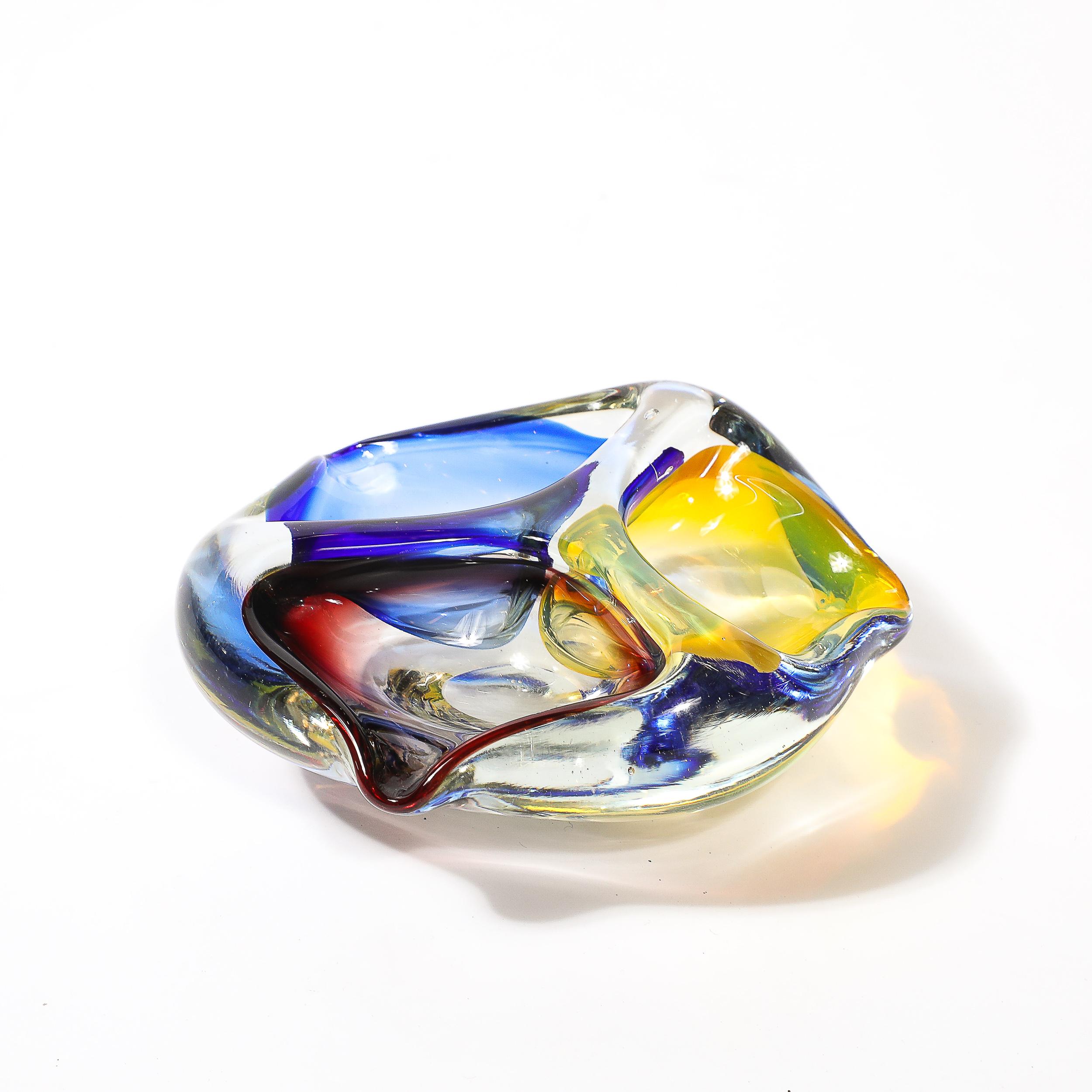 Italian Mid-Century Modernist Hand-Blown Murano Dish/Ashtray in Blue, Yellow & Crimpson For Sale