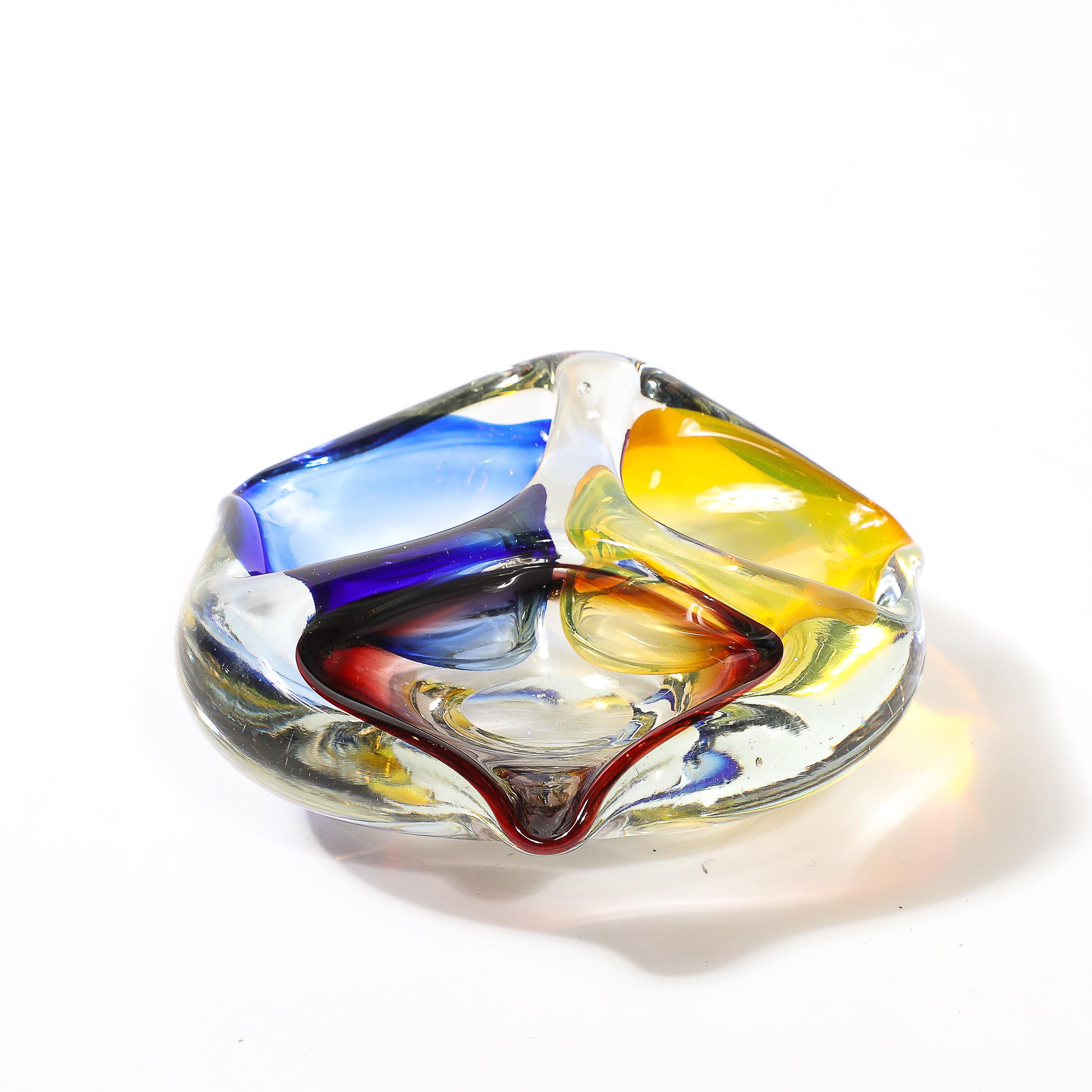 Mid-Century Modernist Hand-Blown Murano Dish/Ashtray in Blue, Yellow & Crimpson In Excellent Condition For Sale In New York, NY