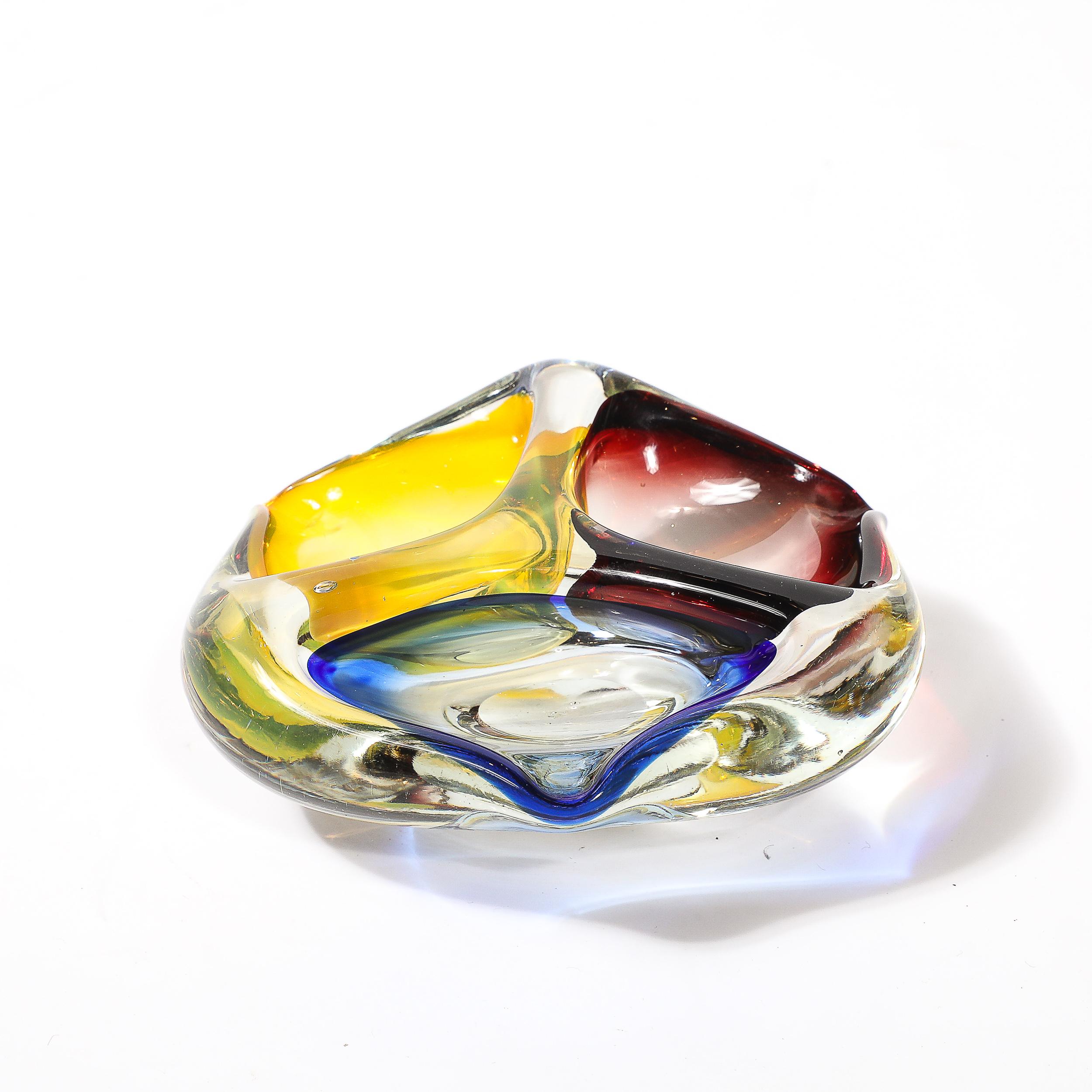 Mid-20th Century Mid-Century Modernist Hand-Blown Murano Dish/Ashtray in Blue, Yellow & Crimpson For Sale