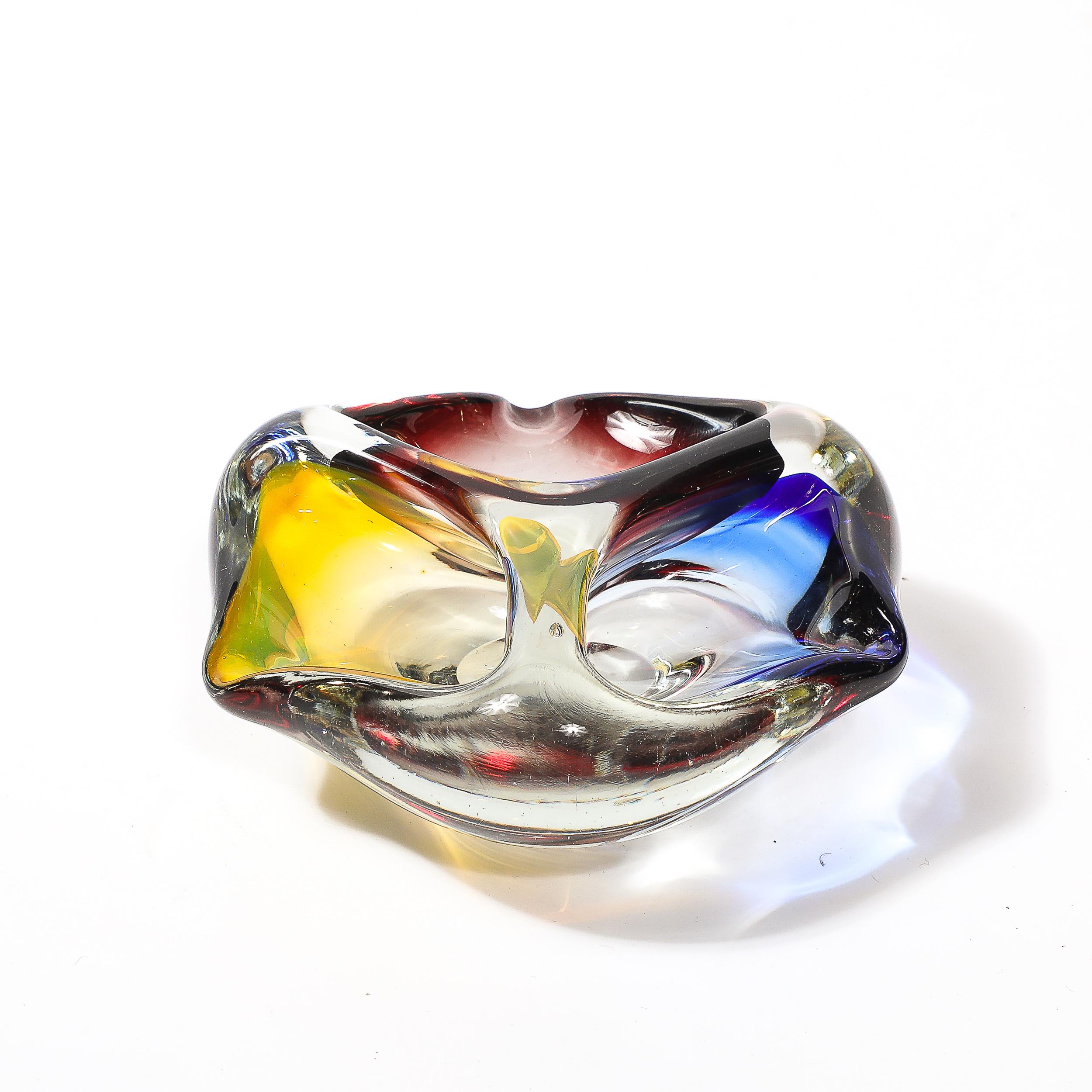 Murano Glass Mid-Century Modernist Hand-Blown Murano Dish/Ashtray in Blue, Yellow & Crimpson For Sale