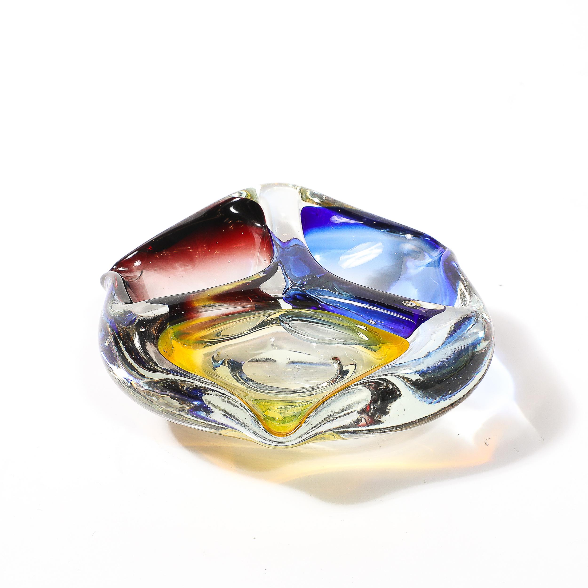 Mid-Century Modernist Hand-Blown Murano Dish/Ashtray in Blue, Yellow & Crimpson For Sale 1