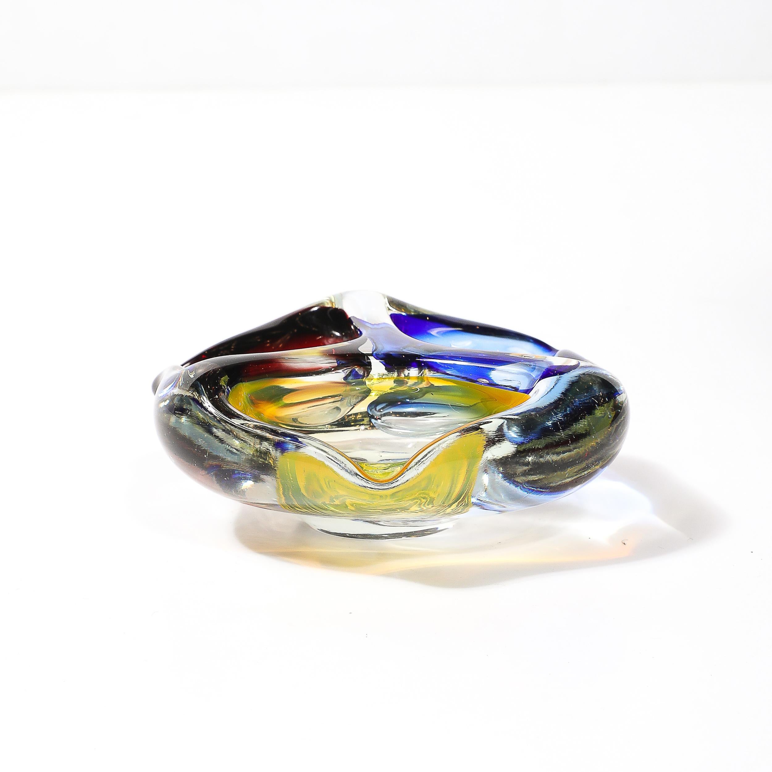 Mid-Century Modernist Hand-Blown Murano Dish/Ashtray in Blue, Yellow & Crimpson For Sale 2