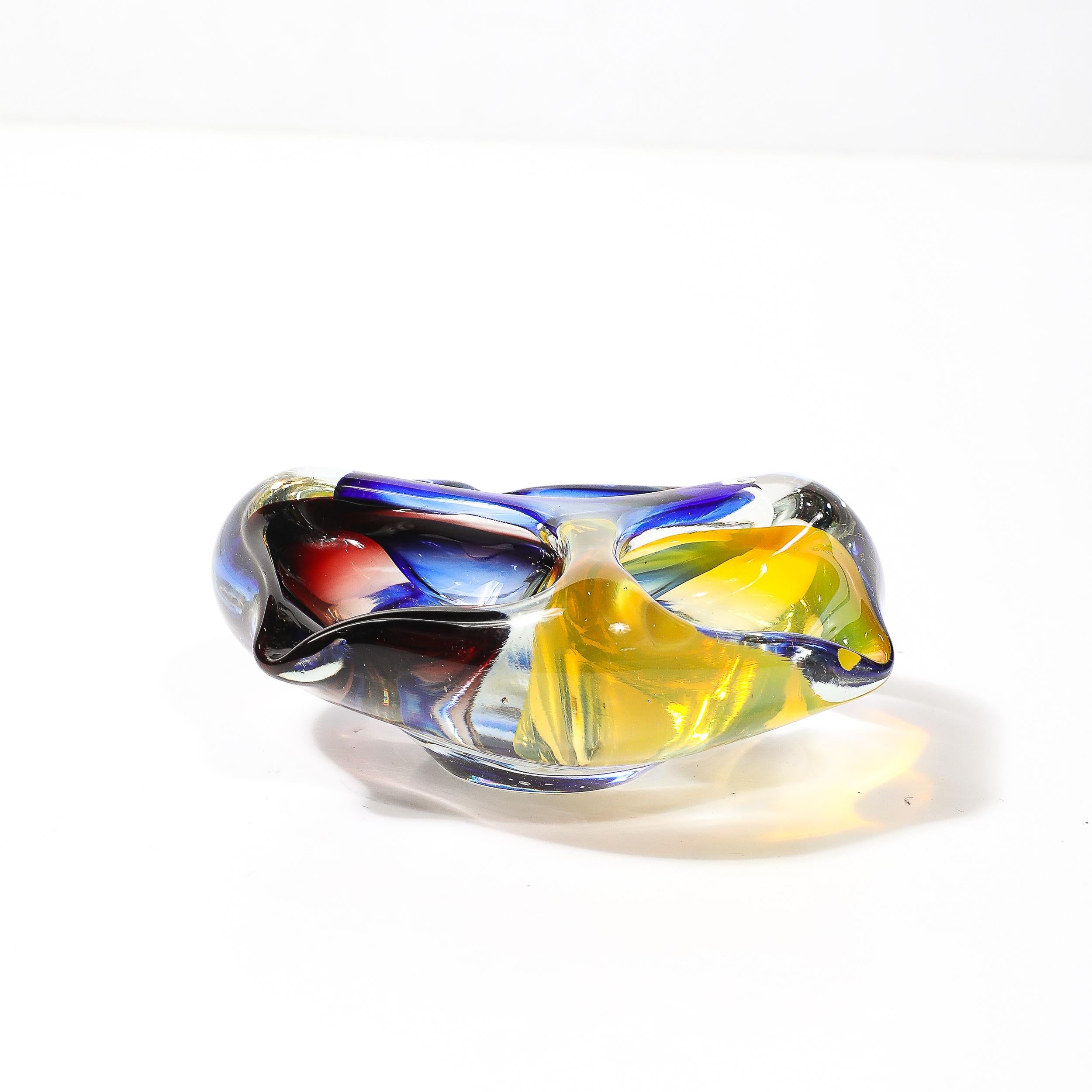 Mid-Century Modernist Hand-Blown Murano Dish/Ashtray in Blue, Yellow & Crimpson For Sale 3