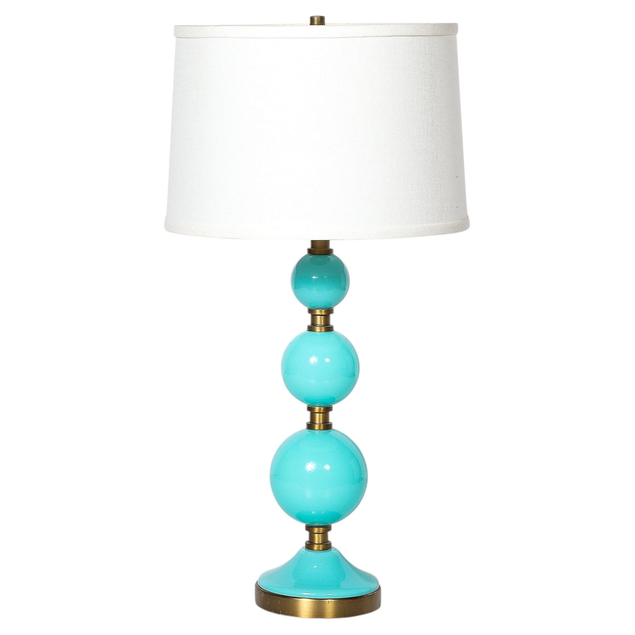 Lampe de table moderniste du milieu du siècle, en forme de boule, en verre de Murano soufflé à la main, couleur bleu œuf de merle en vente