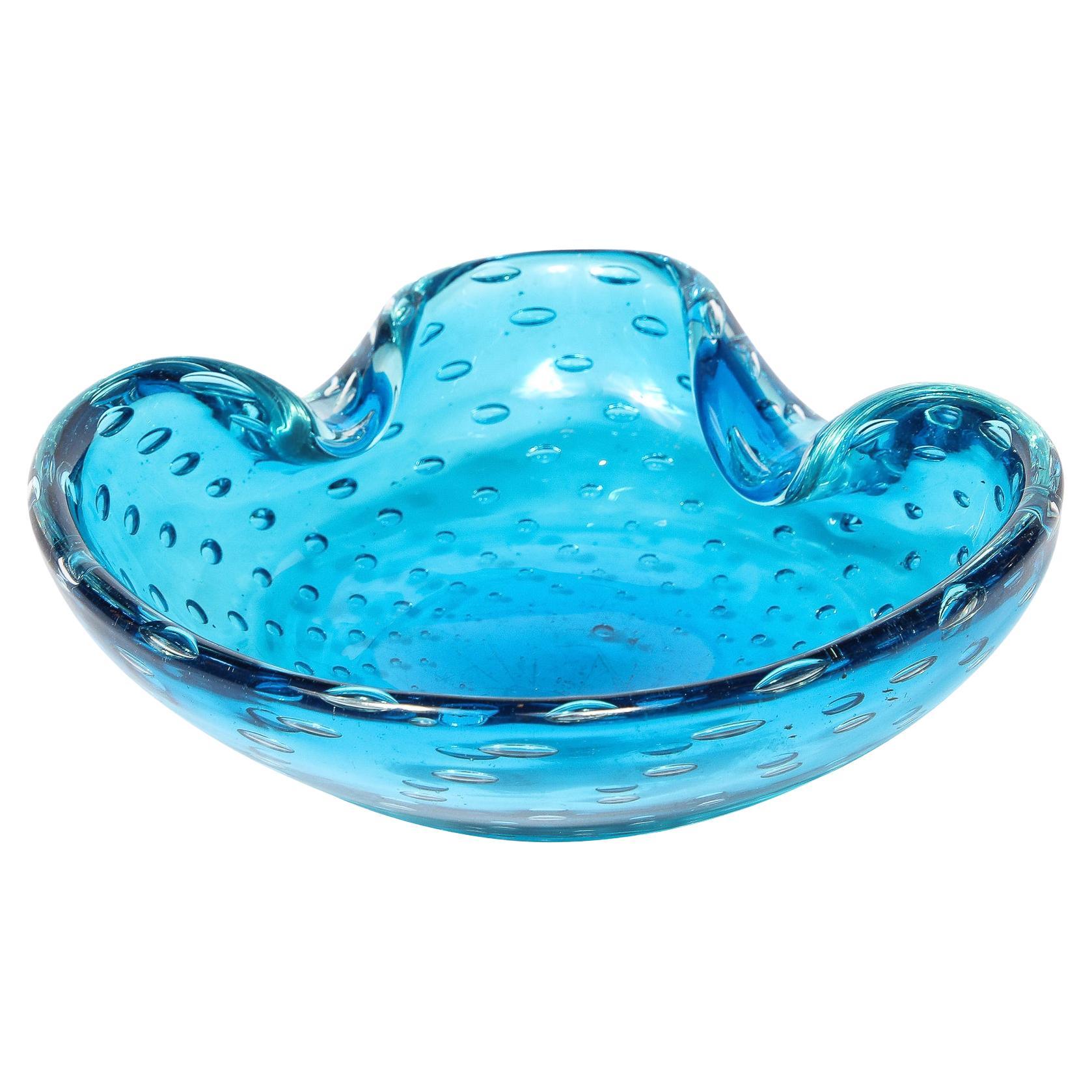 Mid-Century Modernist Hand-Blown Murano Glass Blue Dish w/ Crimped Detailing