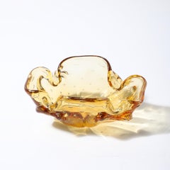 Mid-Century Modernist Hand-Blown Murano Glass Bowl in Amber w/ Crimped Detailing