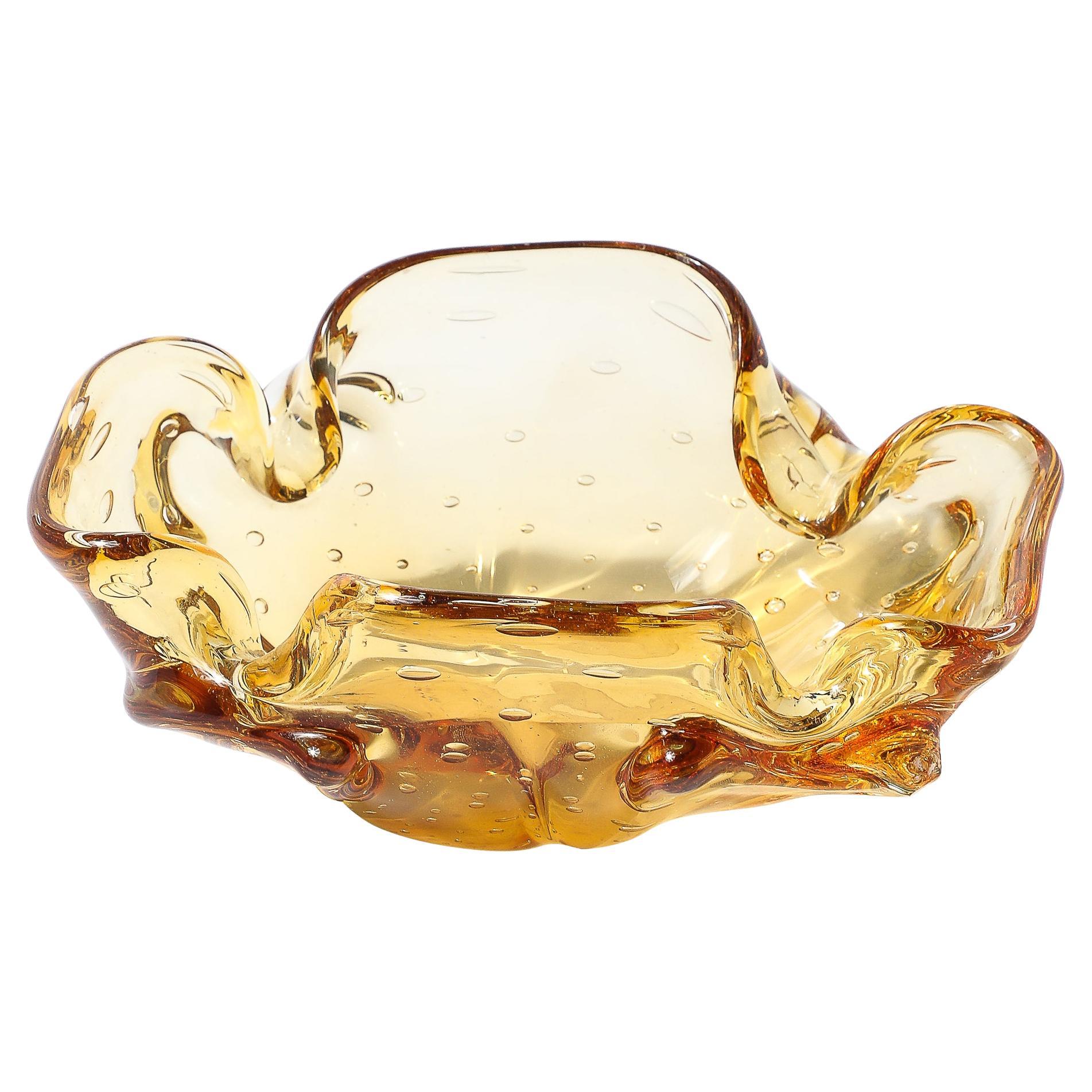 Mid-Century Modernist Hand-Blown Murano Glass Bowl in Amber w/ Crimped Detailing