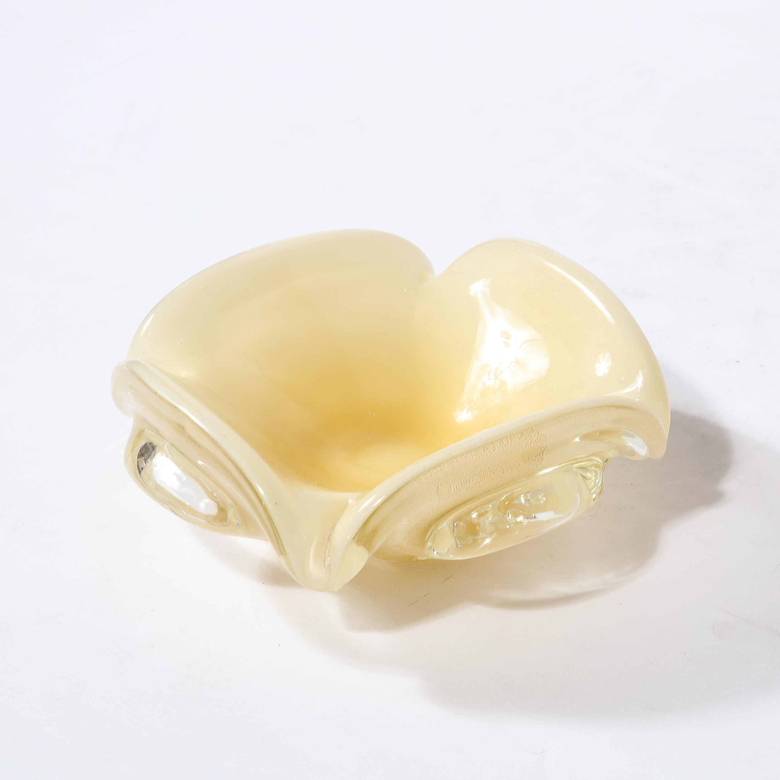 Mid-Century Modernist Hand Blown Murano Glass Bowl in Pearl White and Gold 8