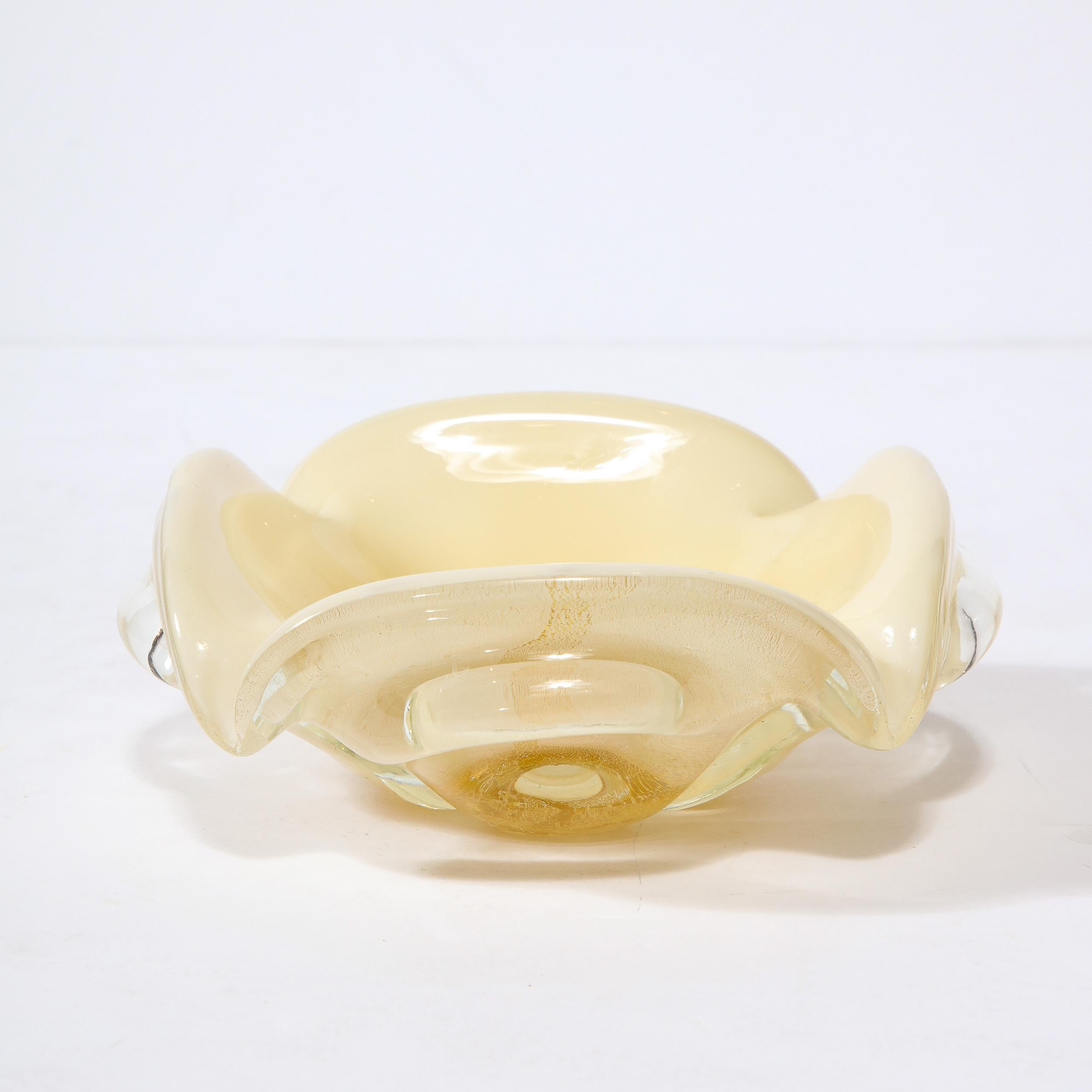 Italian Mid-Century Modernist Hand Blown Murano Glass Bowl in Pearl White and Gold