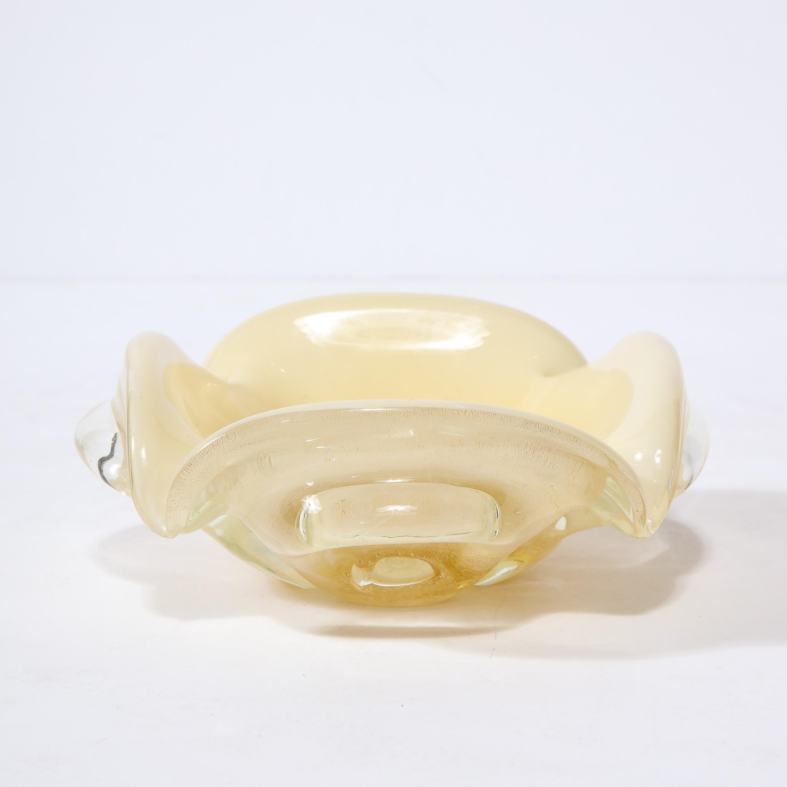 Mid-Century Modernist Hand Blown Murano Glass Bowl in Pearl White and Gold 1