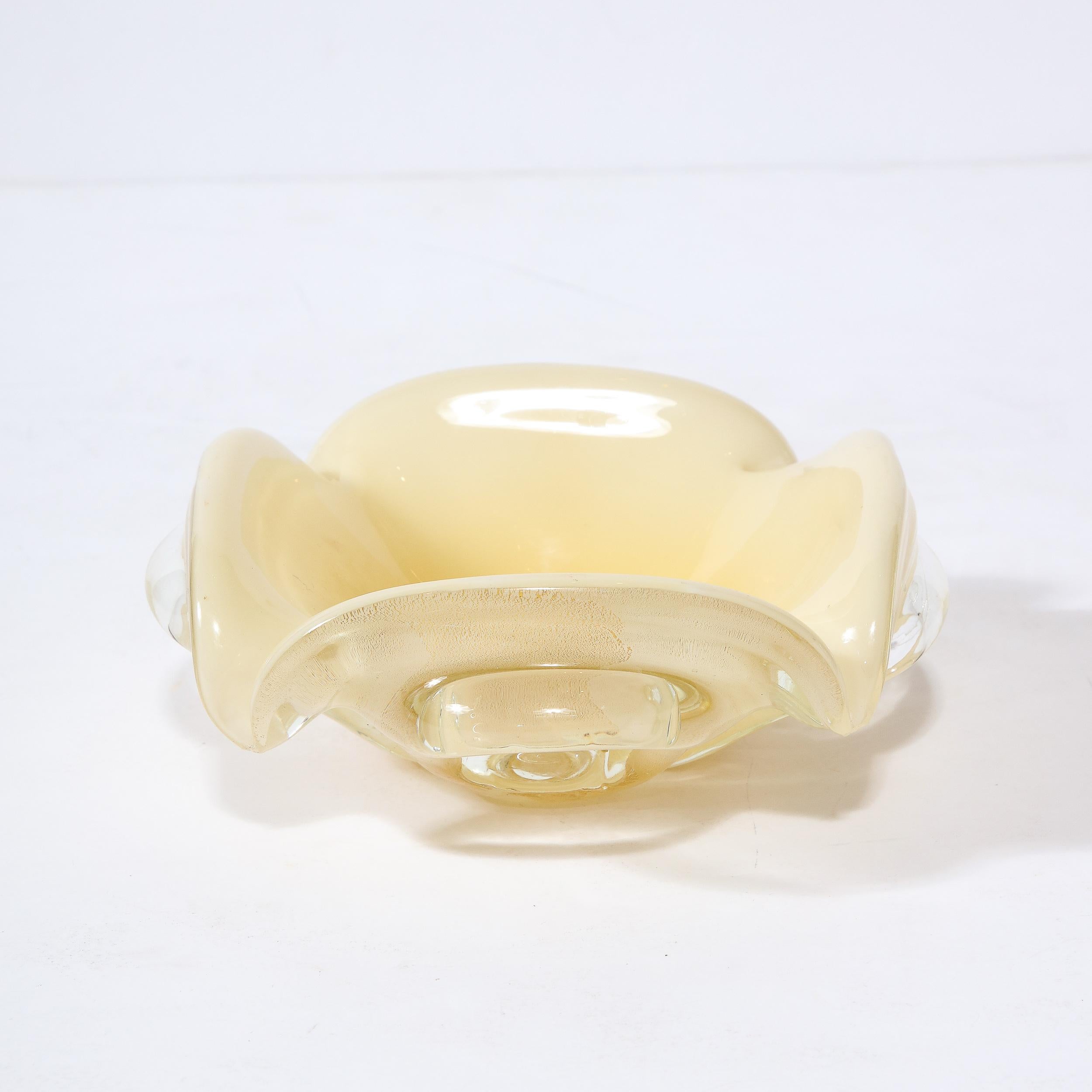 Mid-Century Modernist Hand Blown Murano Glass Bowl in Pearl White and Gold 4