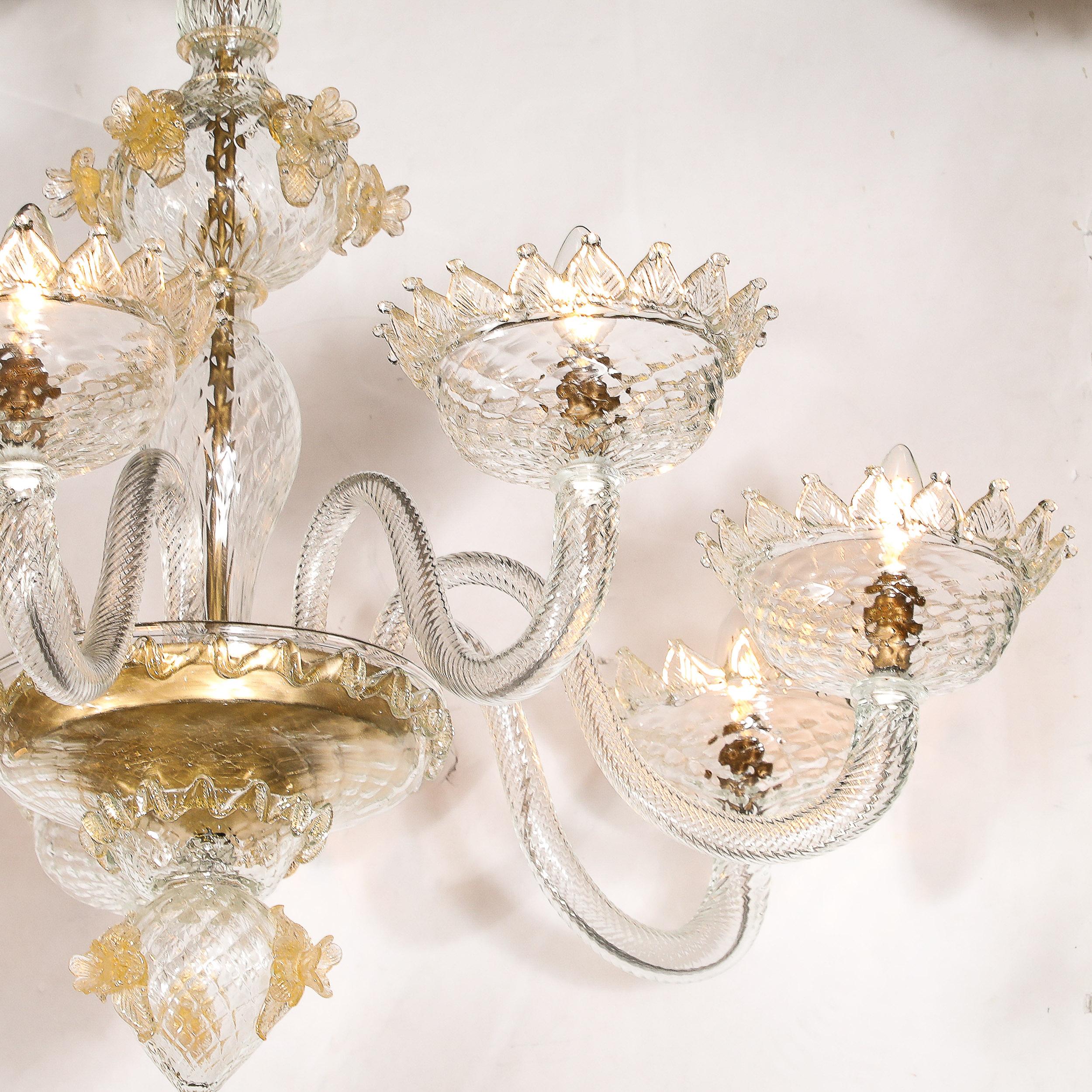Italian Mid-Century Modernist Hand-Blown Murano Glass Chandelier w/ 24Karat Gold Flecks For Sale