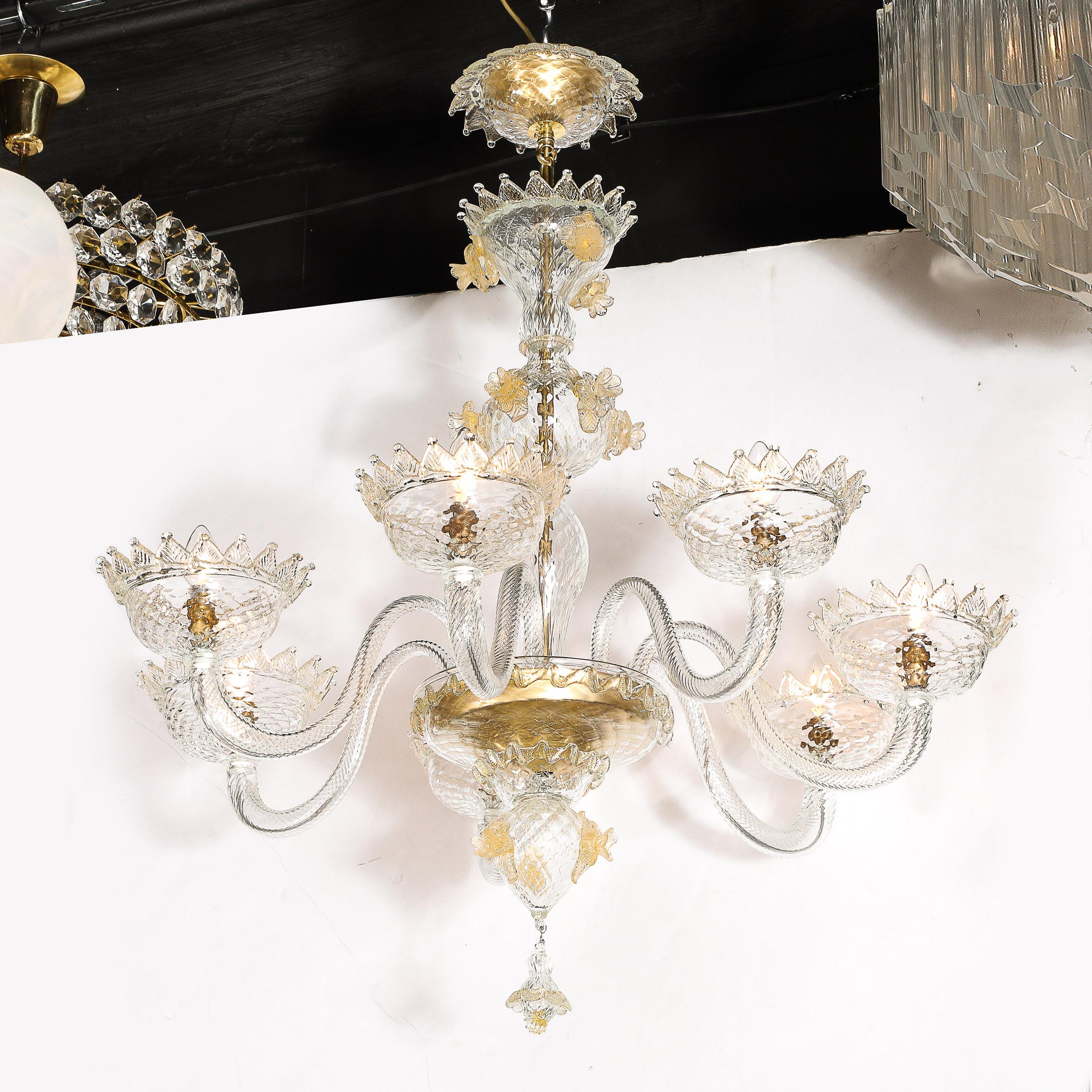 Mid-Century Modernist Hand-Blown Murano Glass Chandelier w/ 24Karat Gold Flecks In Excellent Condition For Sale In New York, NY