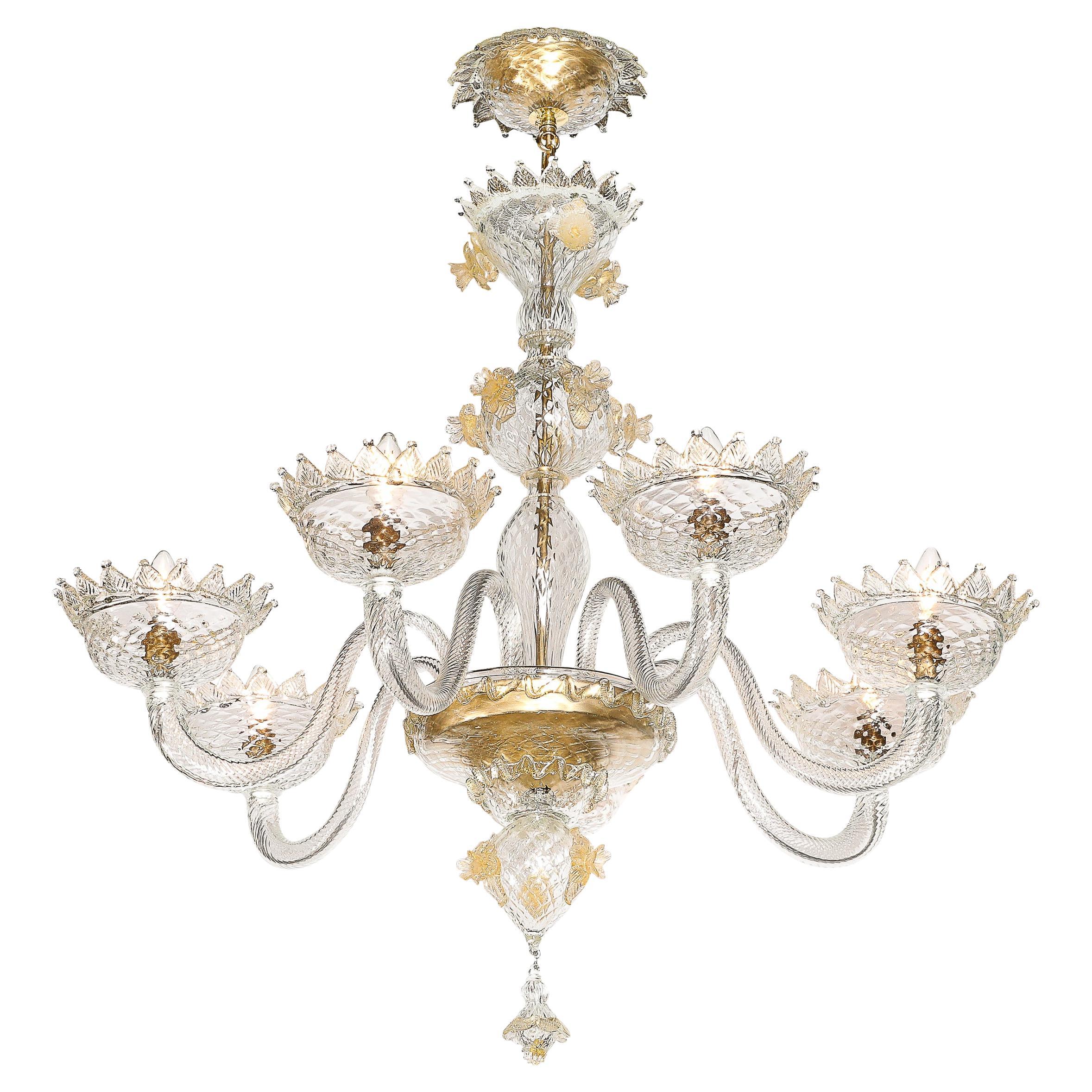 Mid-Century Modernist Hand-Blown Murano Glass Chandelier w/ 24Karat Gold Flecks For Sale