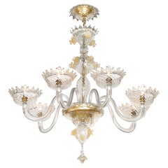 Araña de cristal de Murano soplado a mano modernista de mediados de siglo con motas de oro de 24 quilates