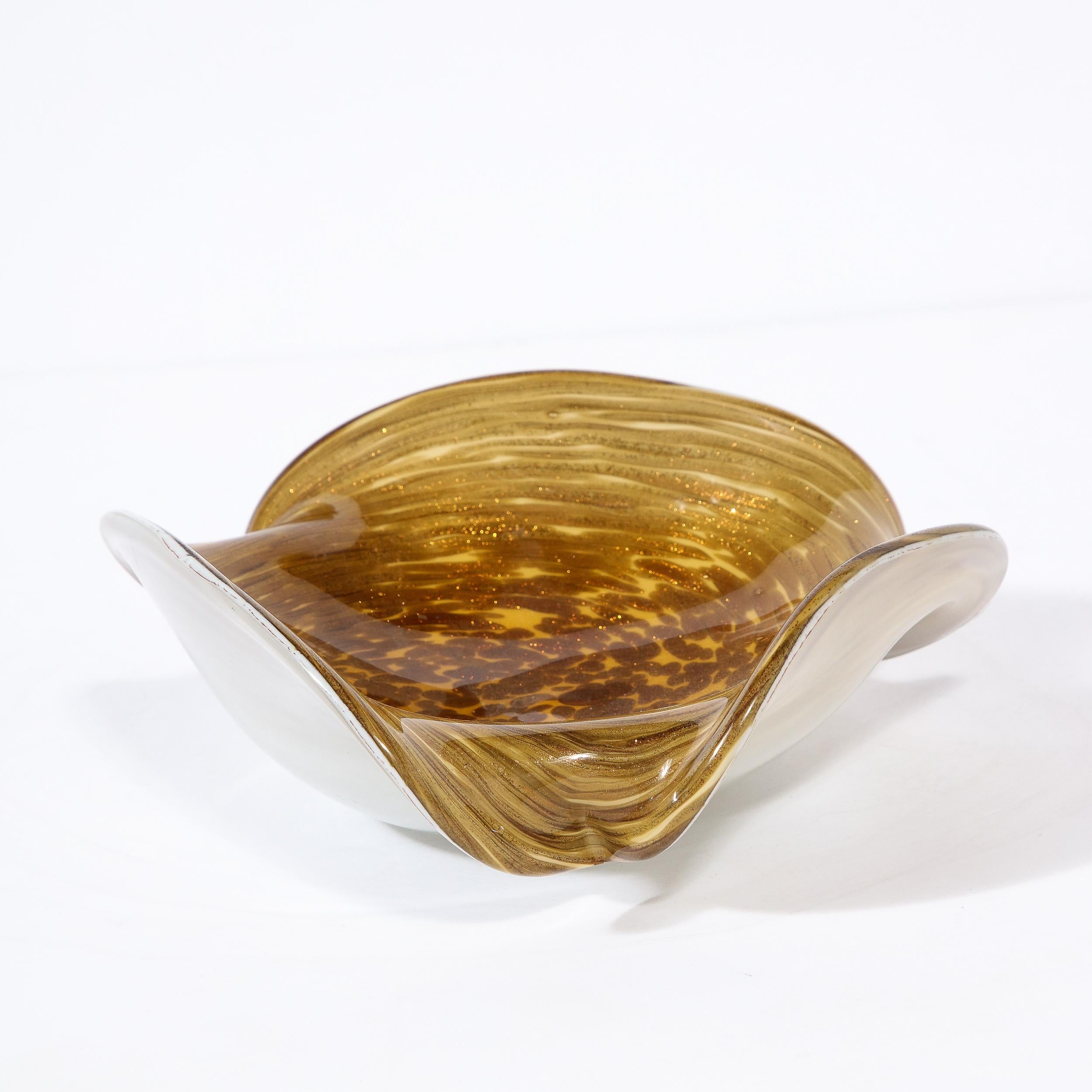 Mid-20th Century Mid-Century Modernist Hand-Blown Murano Glass Dish in Spiraled Yellow Ocre For Sale