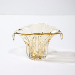 Mid-Century Modernist Hand-Blown Murano Glass Fluted Vase in Citrine
