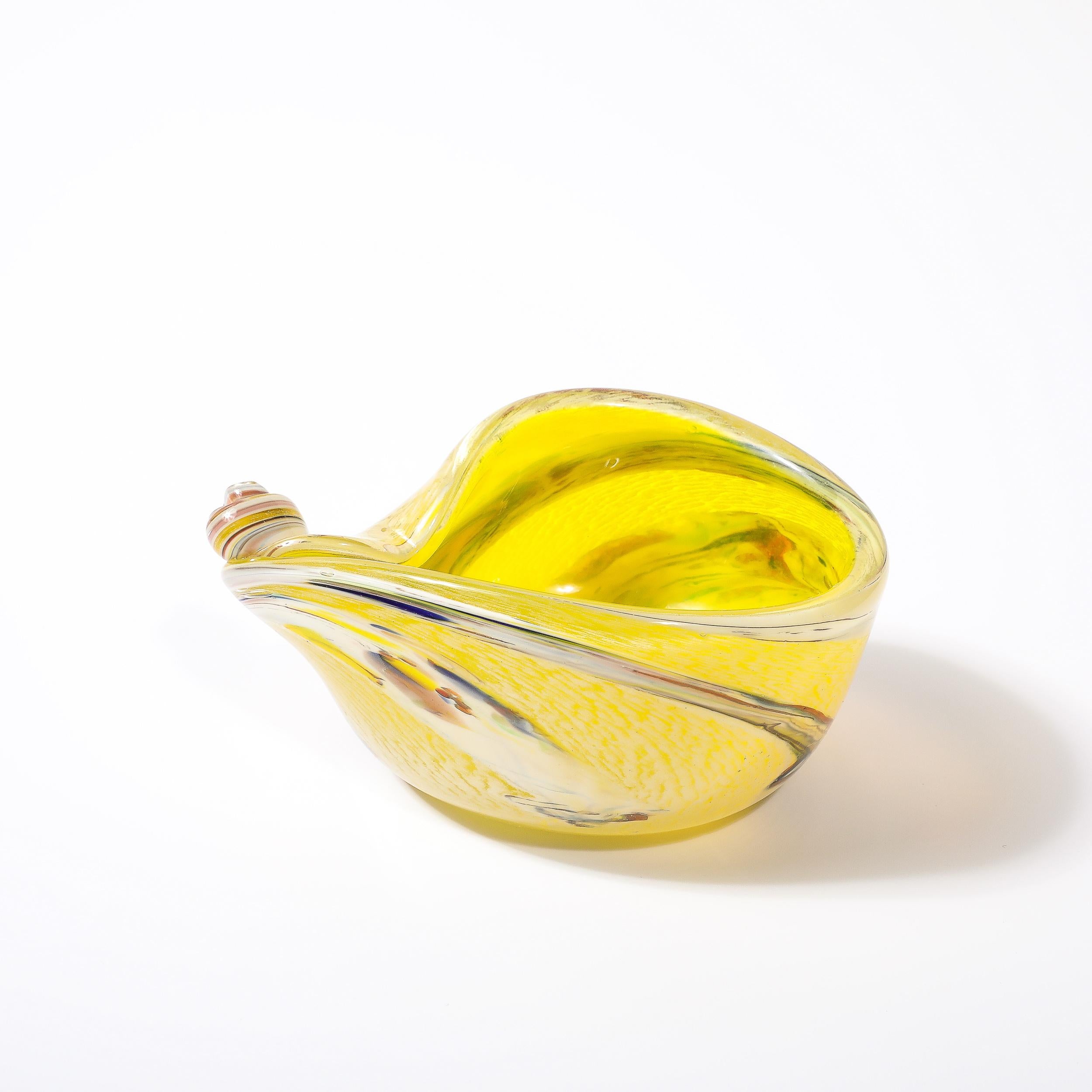Italian Mid-Century Modernist Hand-Blown Murano Glass Shell Form Bowl in Lemon Yellow For Sale