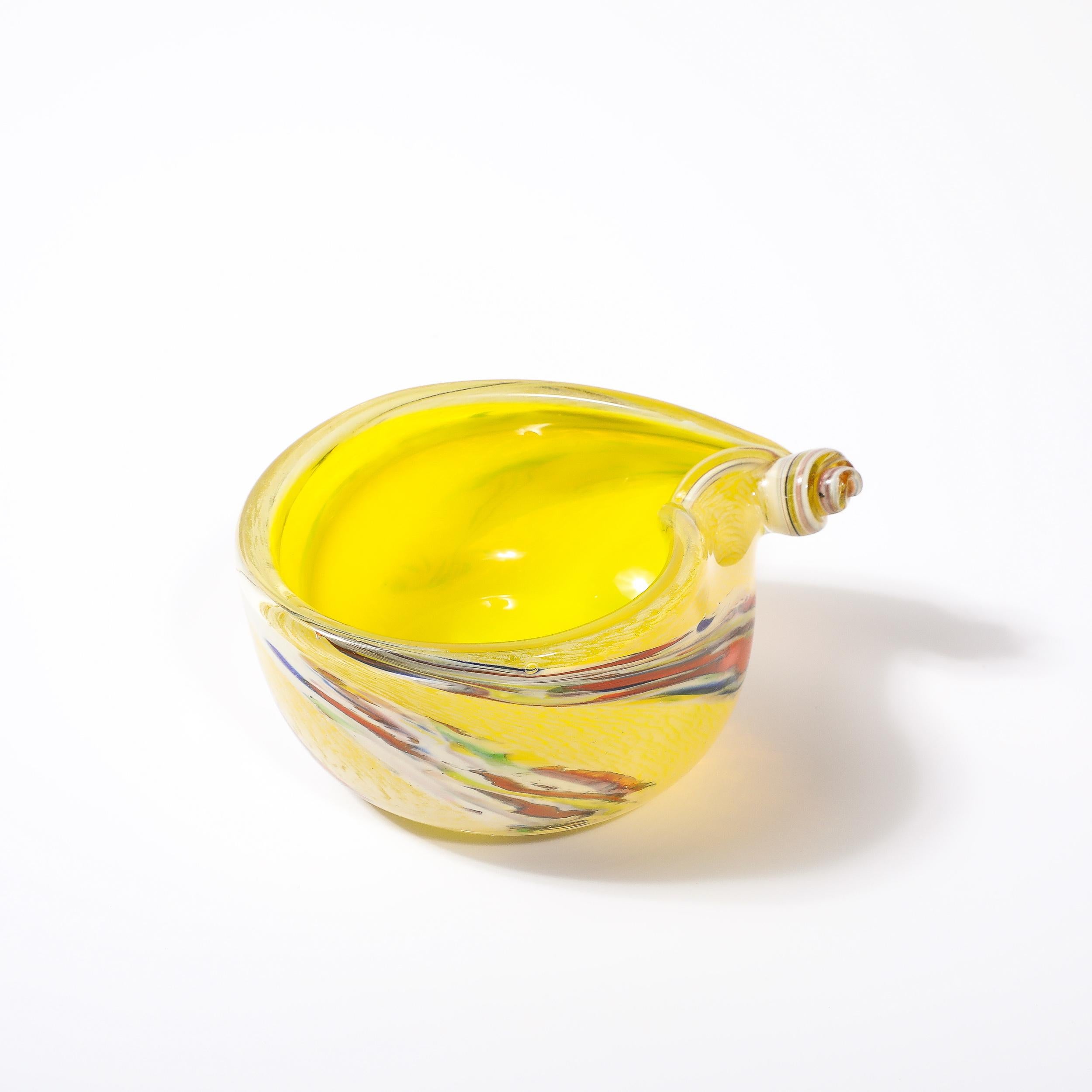 Mid-20th Century Mid-Century Modernist Hand-Blown Murano Glass Shell Form Bowl in Lemon Yellow For Sale
