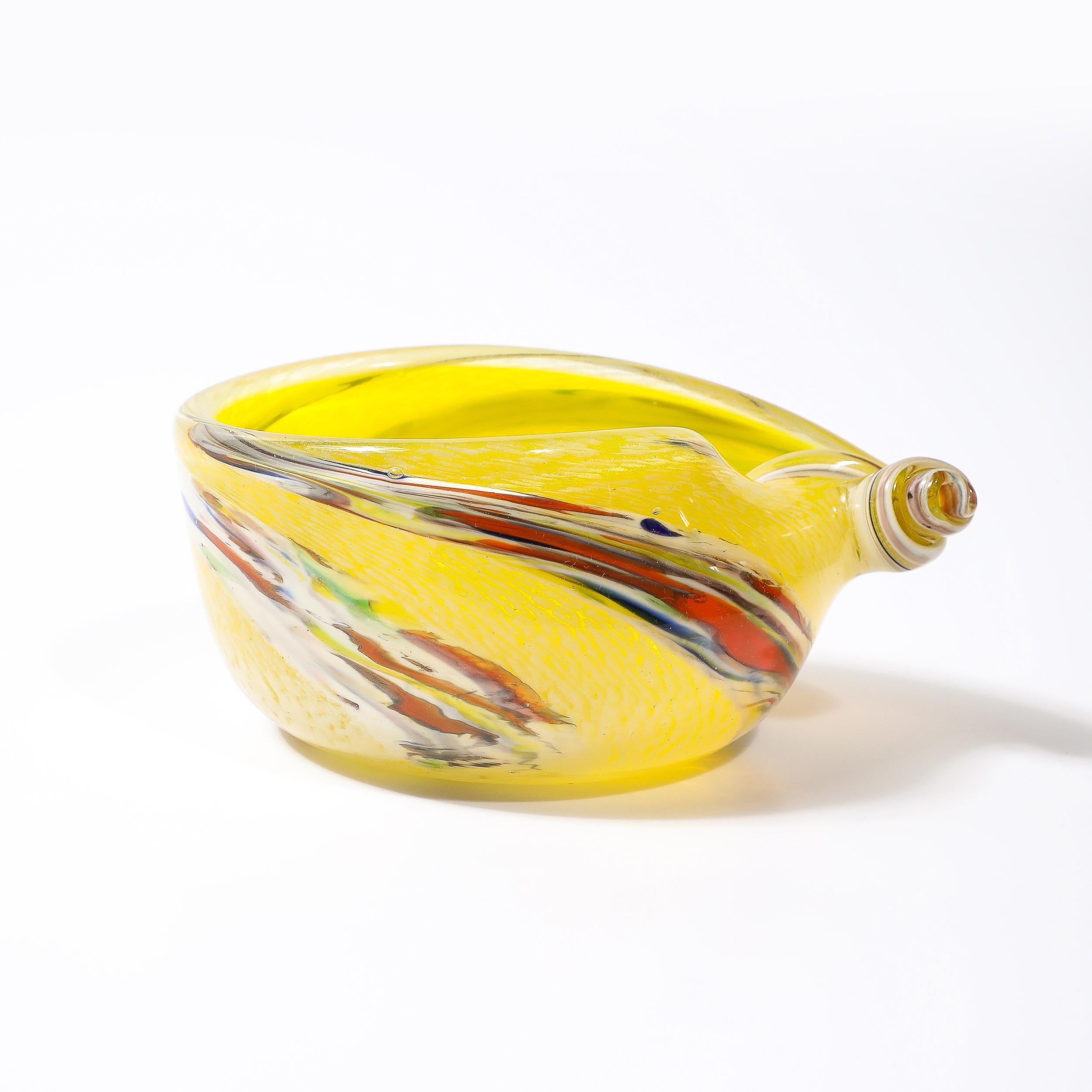 Mid-Century Modernist Hand-Blown Murano Glass Shell Form Bowl in Lemon Yellow For Sale 2